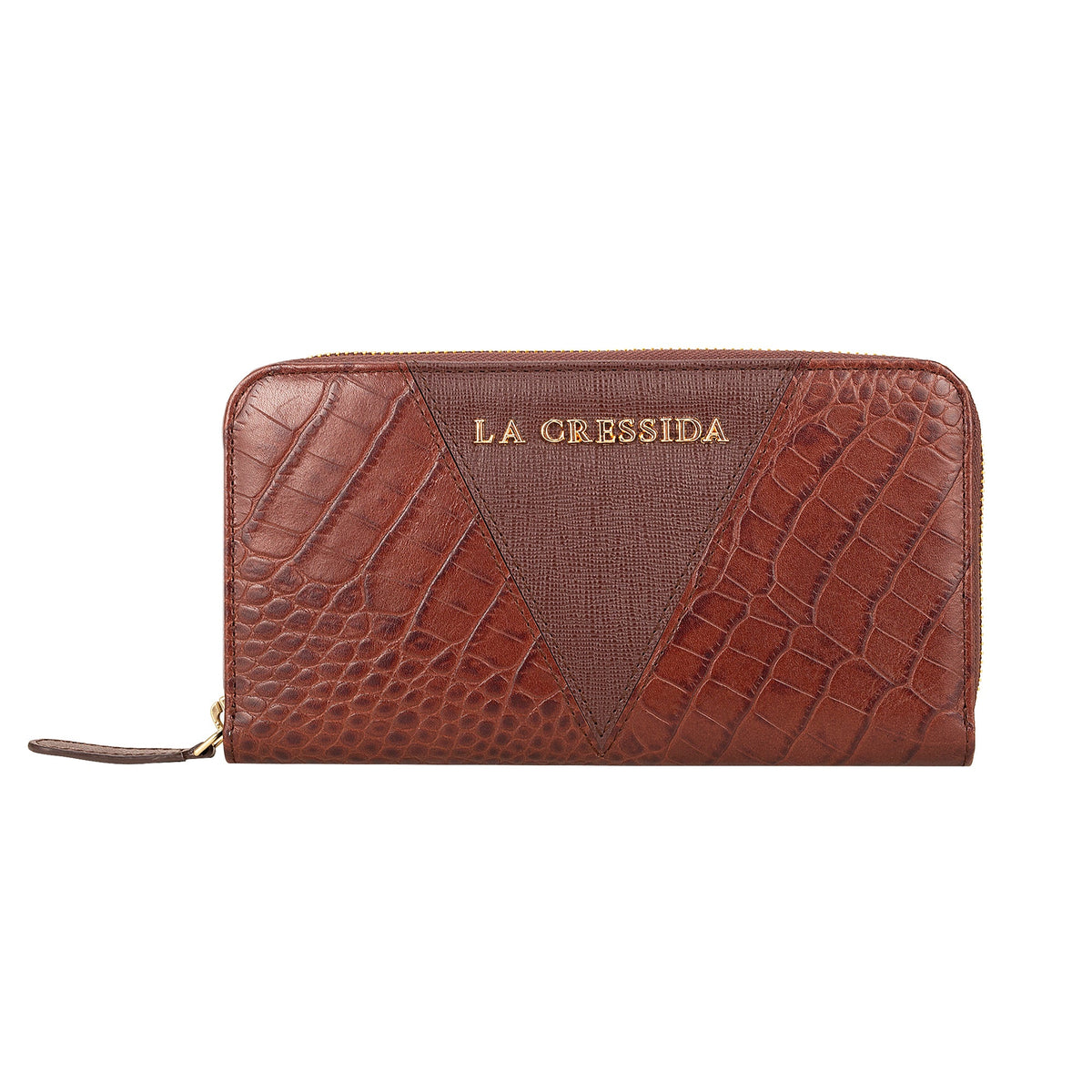 La Cressida Croco Saffiano Brown Designer Leather Clutch
