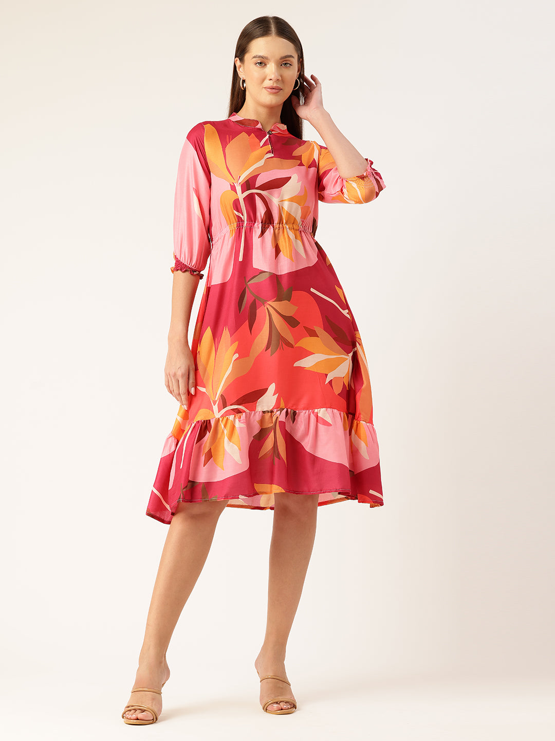 Womens Multi-Color Muslin Floral Dress with Mandarin Collar & 3/4 Smocked Sleeves
