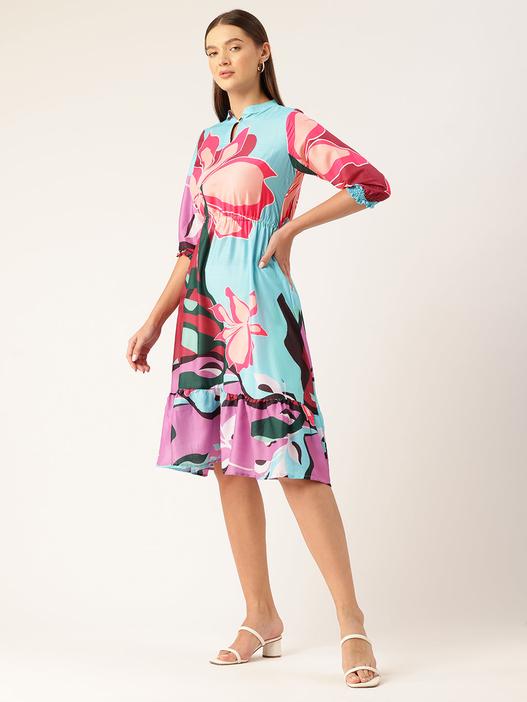 Womens Multi-Color Muslin Floral Dress with Mandarin Collar & 3/4 Smocked Sleeves