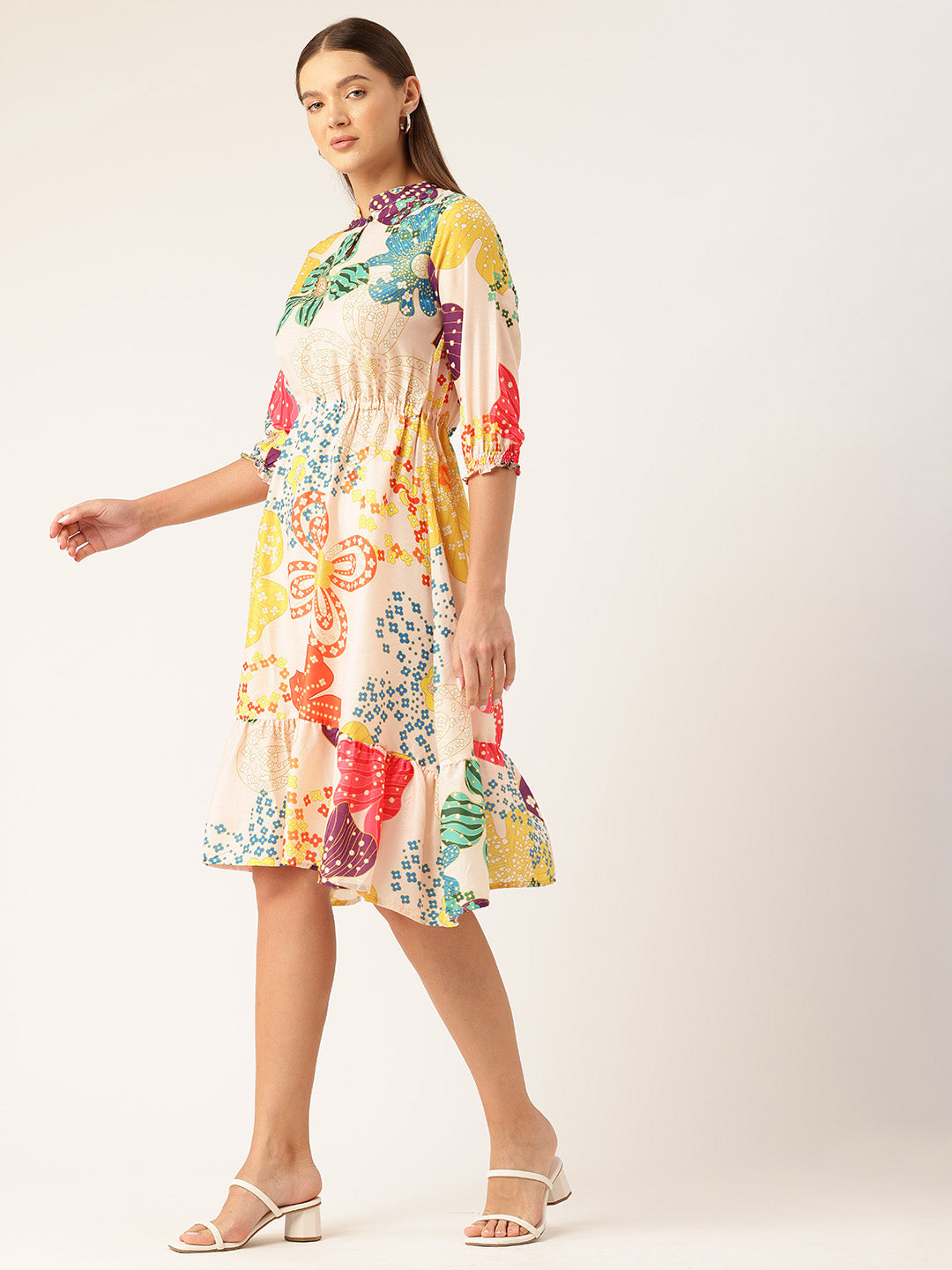 Womens Multi-Color Muslin Floral Dress with Mandarin Collar & 3/4 Smocked Sleeves