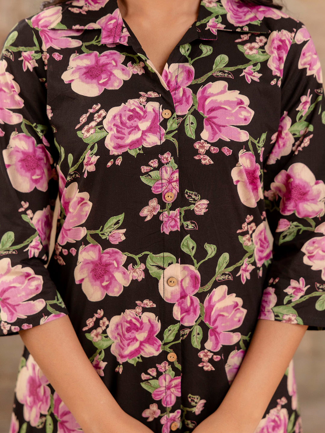 Black Womens Co-Ord Set“Printed Collared Kurta with 3/4 Sleeves & Elastic Waist Pants