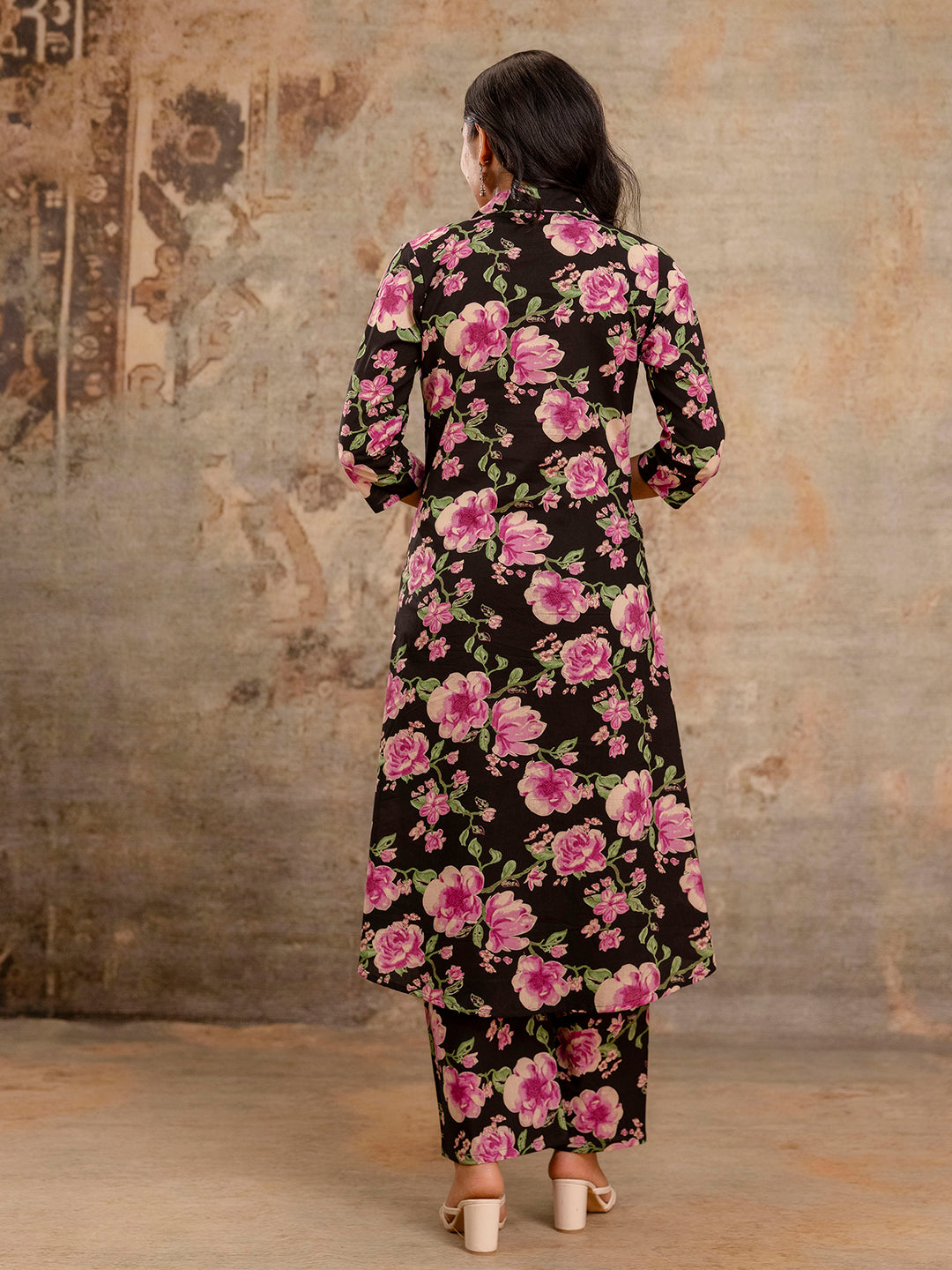 Black Womens Co-Ord Set“Printed Collared Kurta with 3/4 Sleeves & Elastic Waist Pants