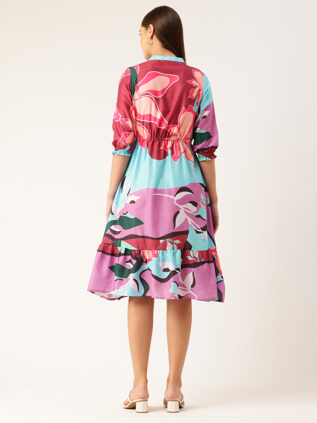 Womens Multi-Color Muslin Floral Dress with Mandarin Collar & 3/4 Smocked Sleeves