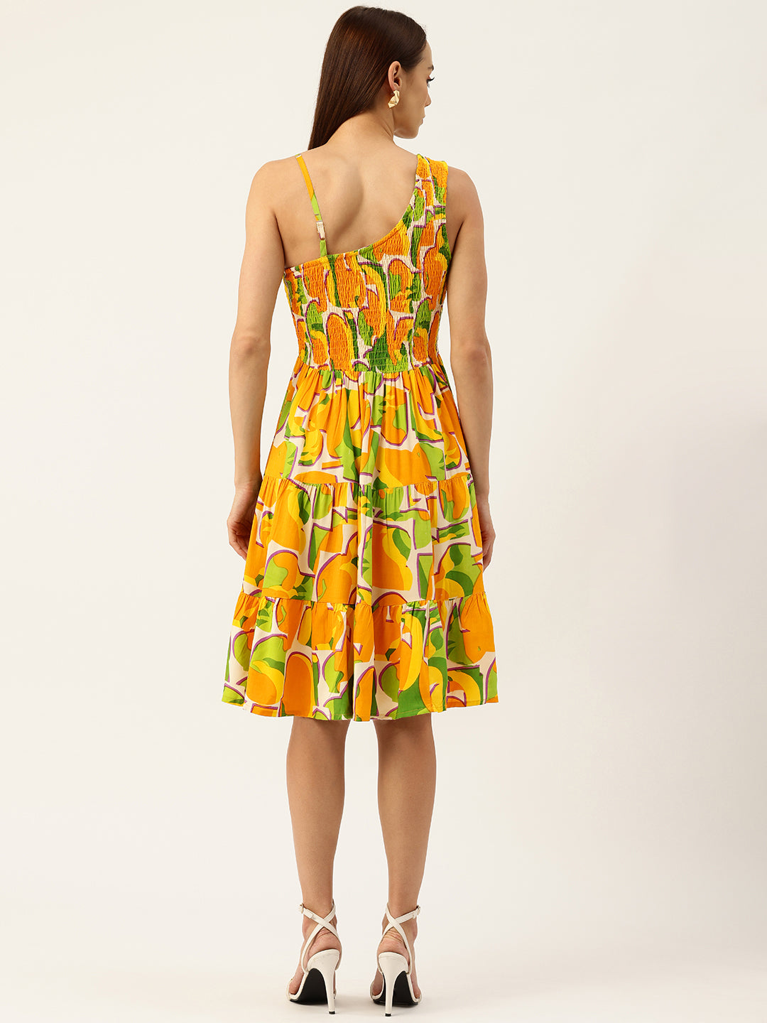 Womens Rayon One-Shoulder Dress with Smocked Bodice & Flared Skirt “ Bright Summer Colors