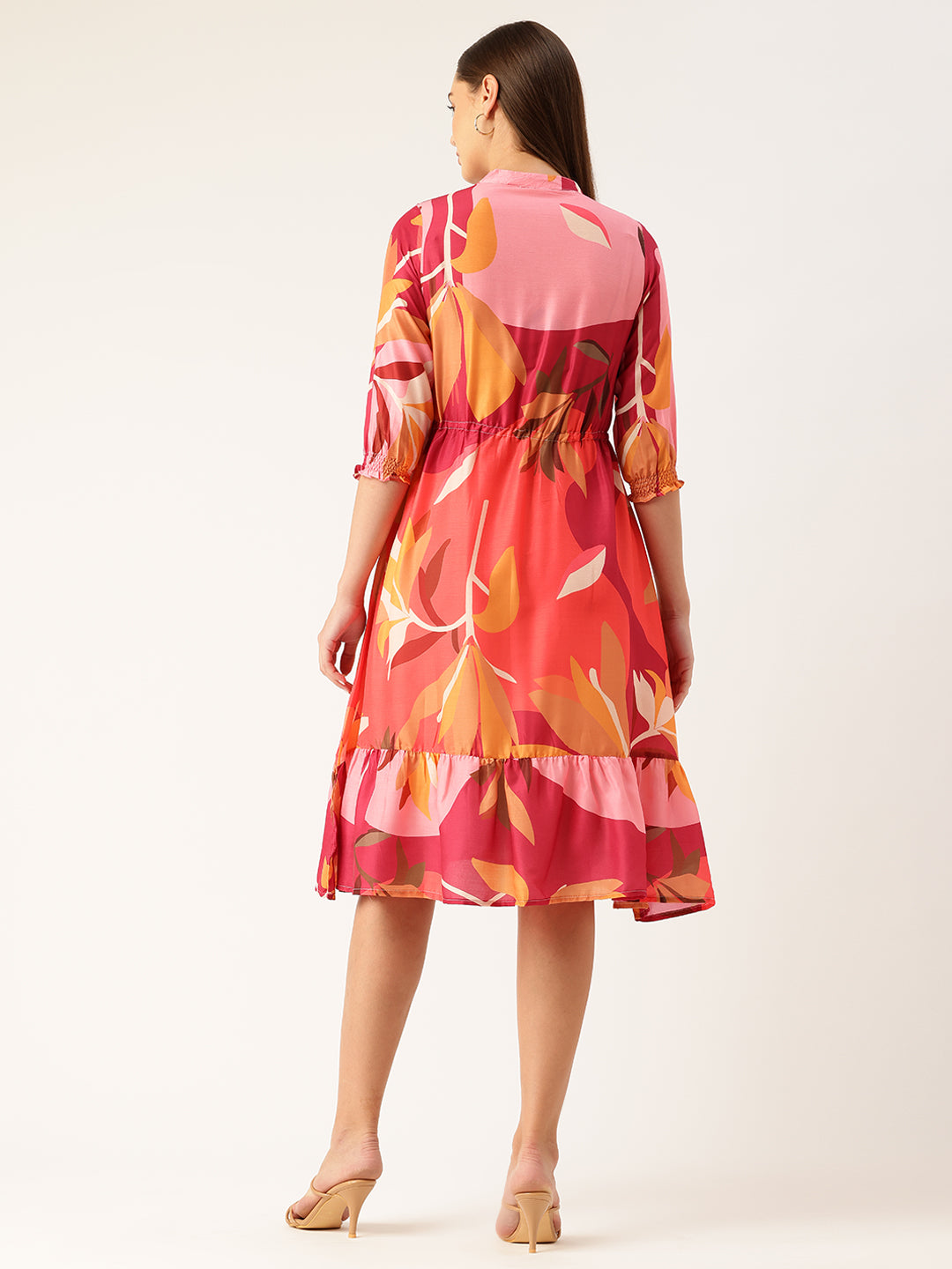 Womens Multi-Color Muslin Floral Dress with Mandarin Collar & 3/4 Smocked Sleeves