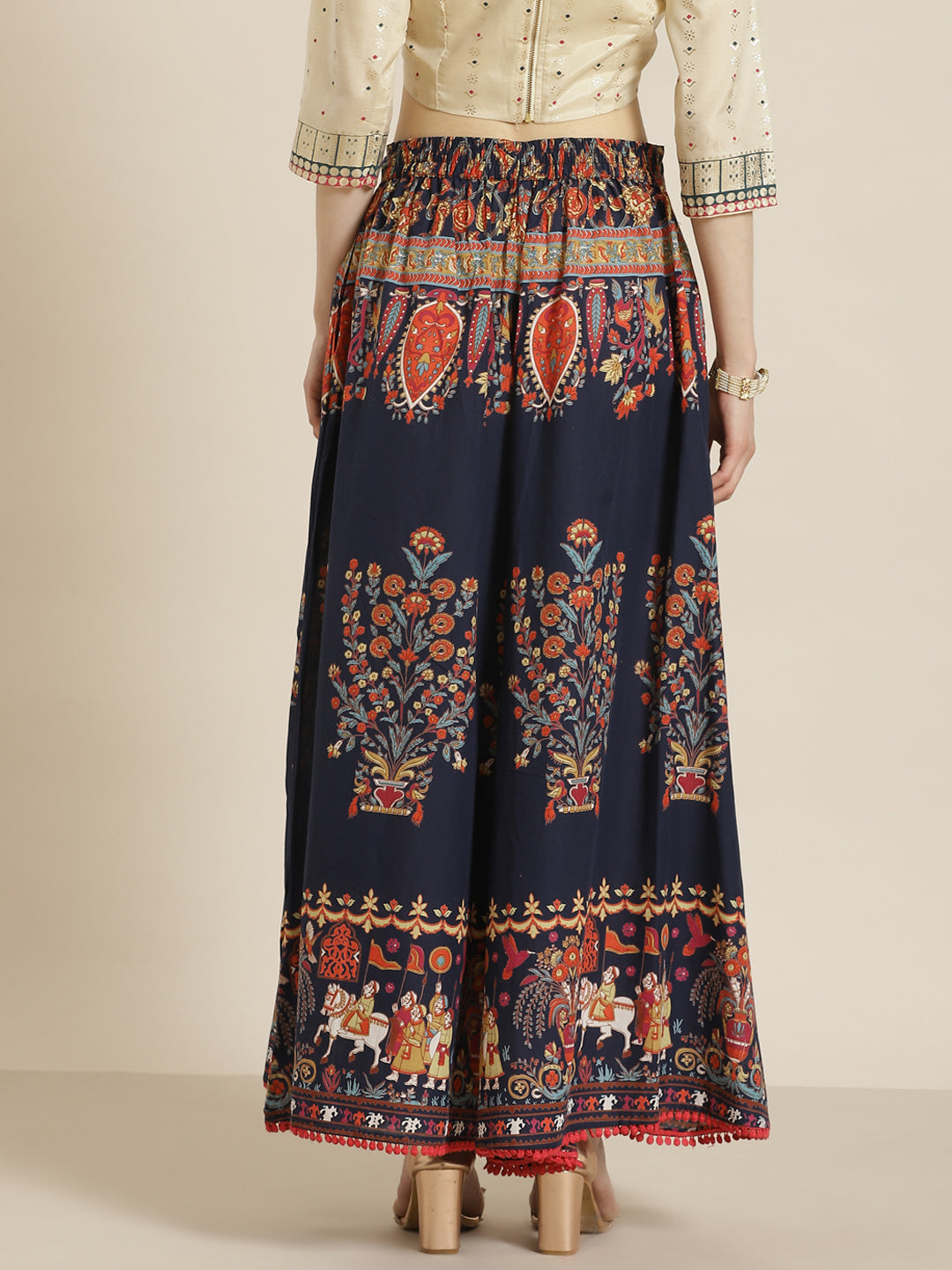 Navy Blue Mughal Print Flared Cotton Palazzo Pants