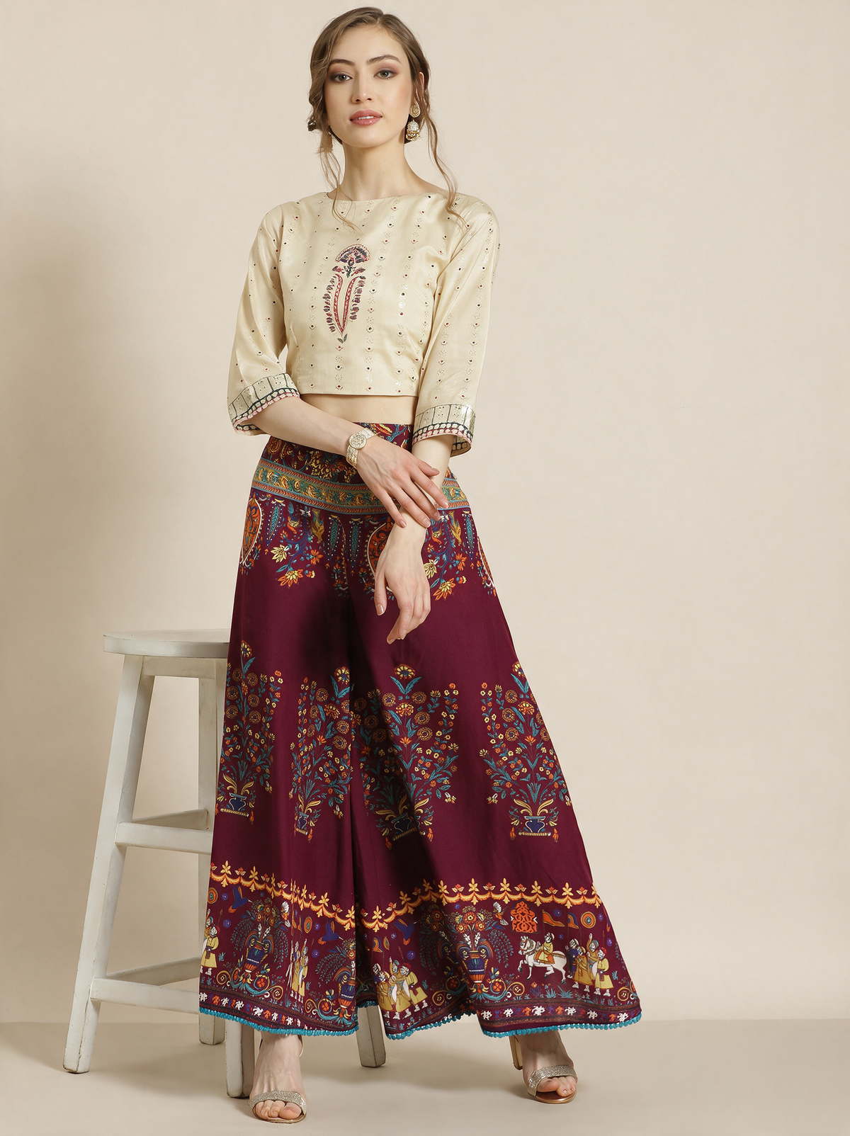 Maroon Cotton Mughal Print Flared Palazzo Pants