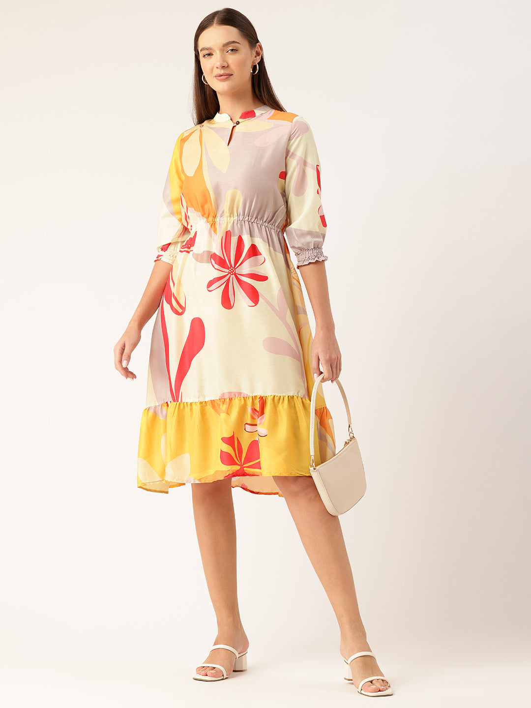 Womens Multi-Color Muslin Floral Dress with Mandarin Collar & 3/4 Smocked Sleeves