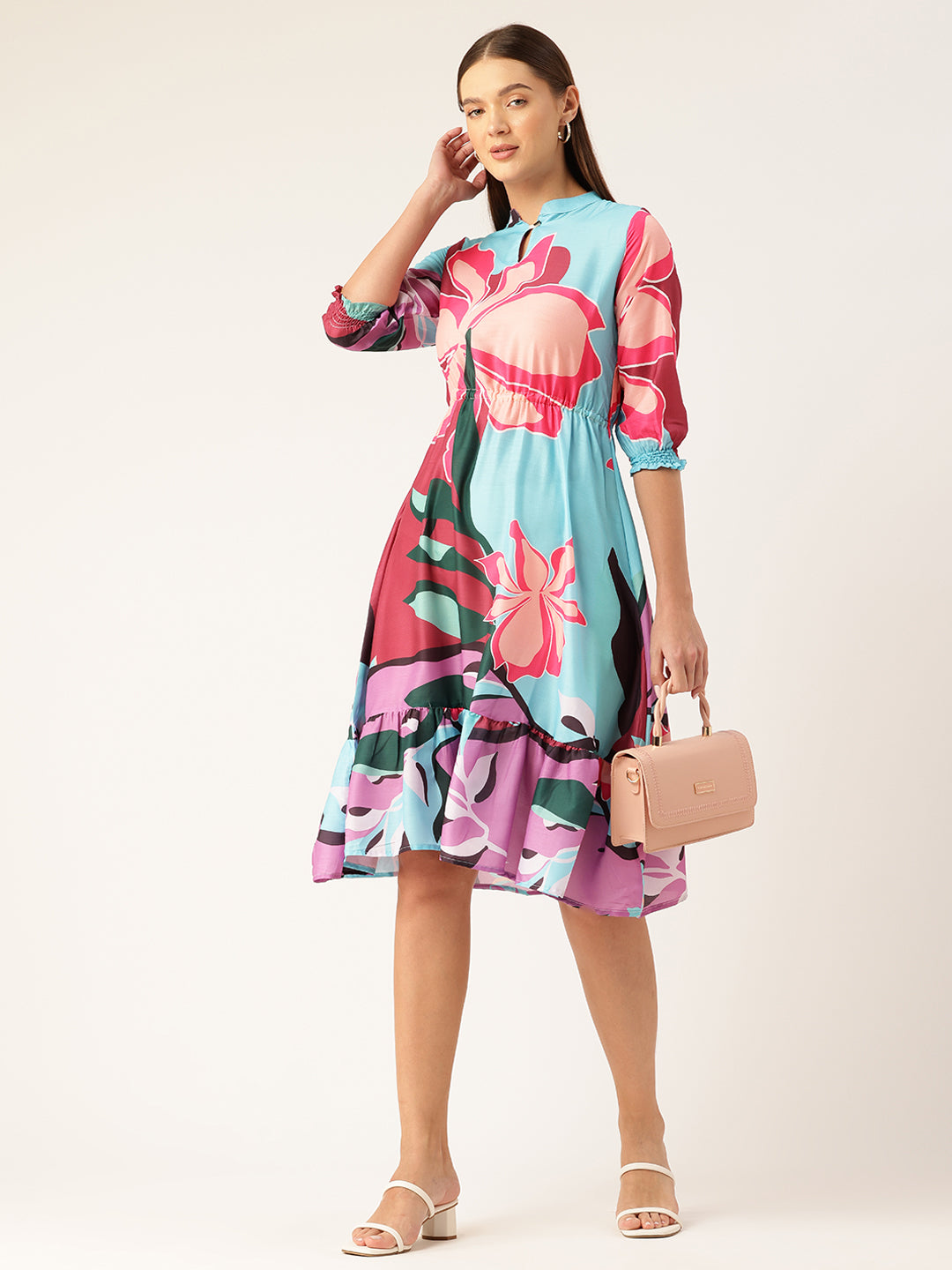Womens Multi-Color Muslin Floral Dress with Mandarin Collar & 3/4 Smocked Sleeves