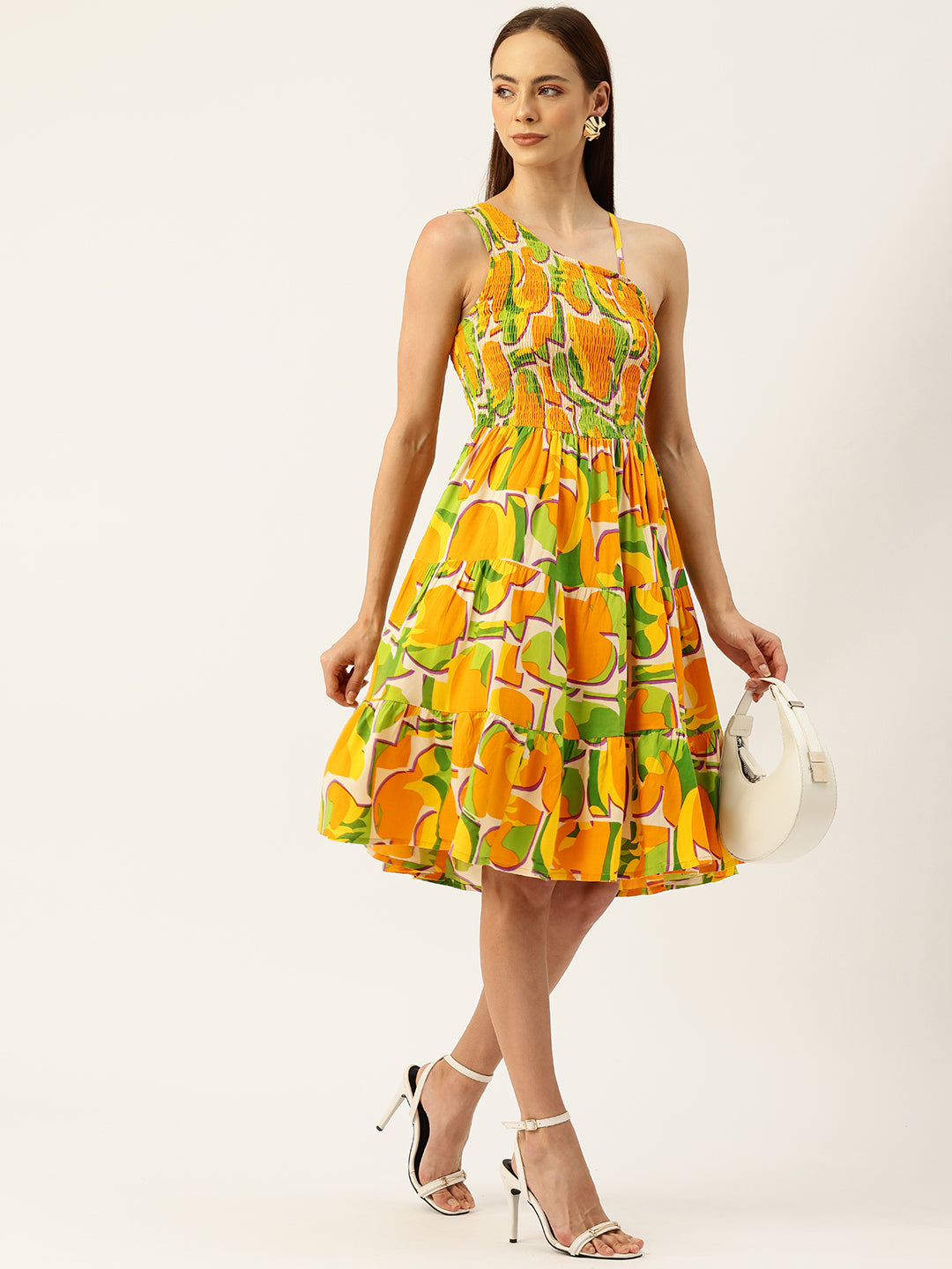 Womens Rayon One-Shoulder Dress with Smocked Bodice & Flared Skirt “ Bright Summer Colors