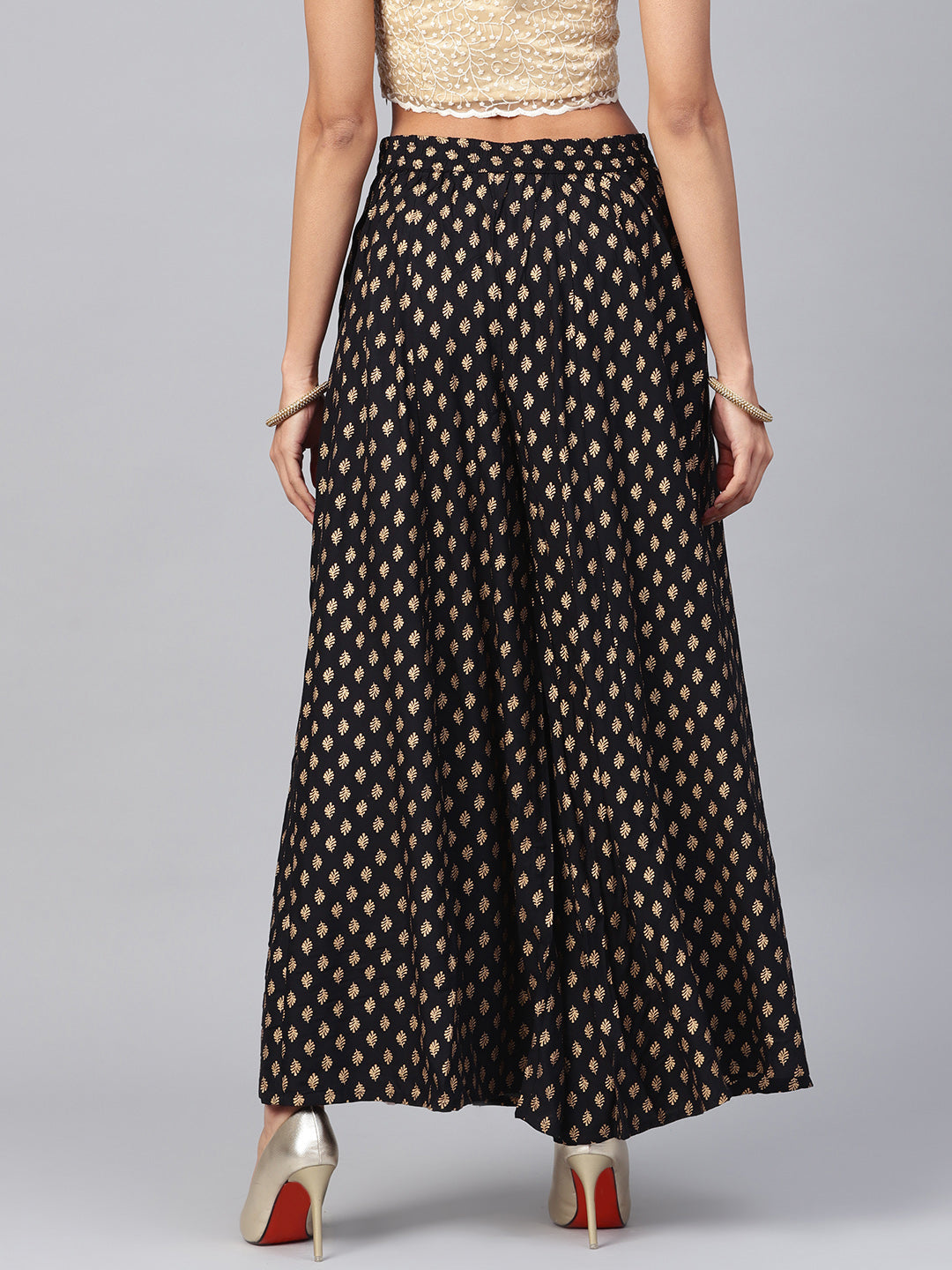 Black Gold Print Flared Rayon Palazzo Pants with Pockets