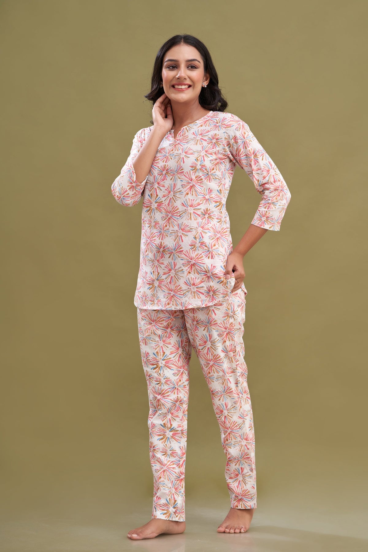 White Printed Cotton Night Suit with V-Neck Kurti & Ankle-Length Pants