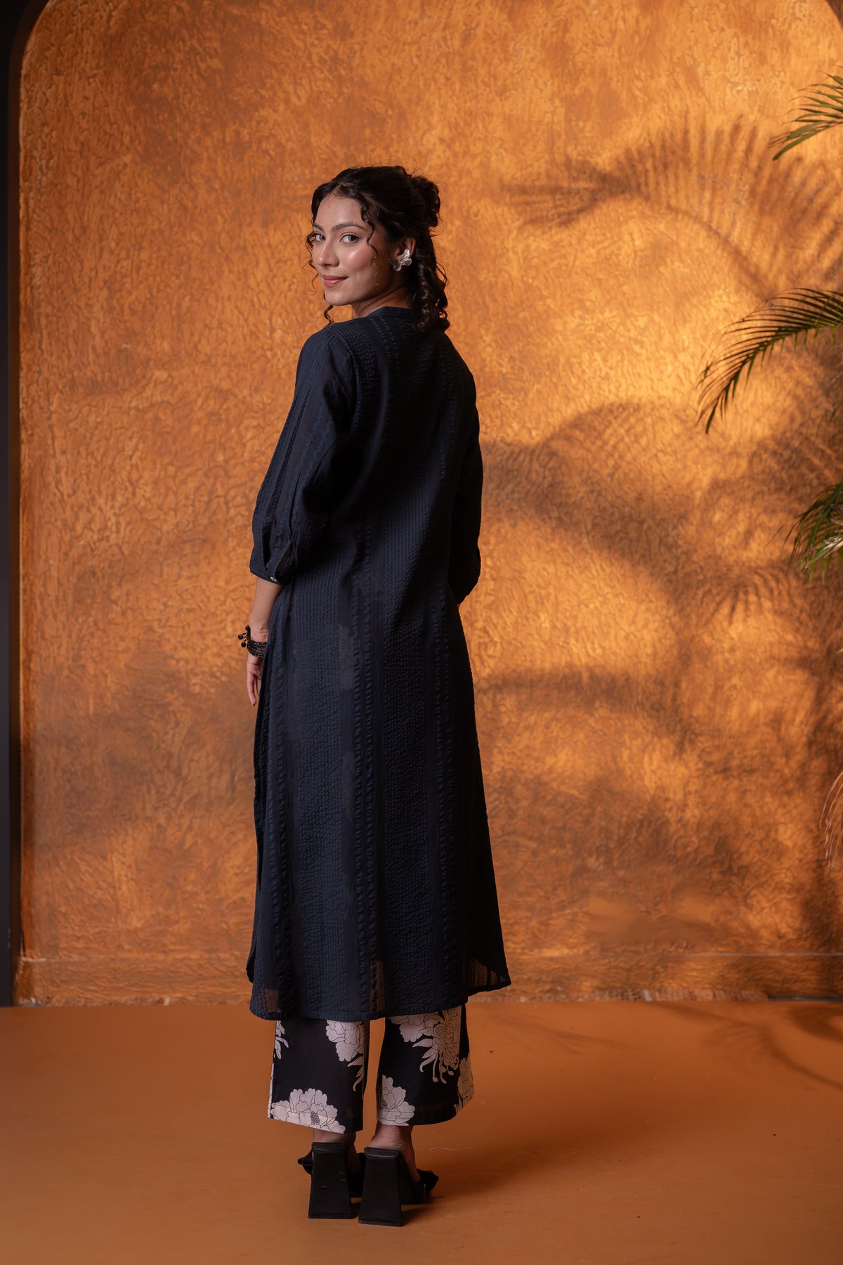 Black Seersucker Kurta Set with Floral Cotton Pants