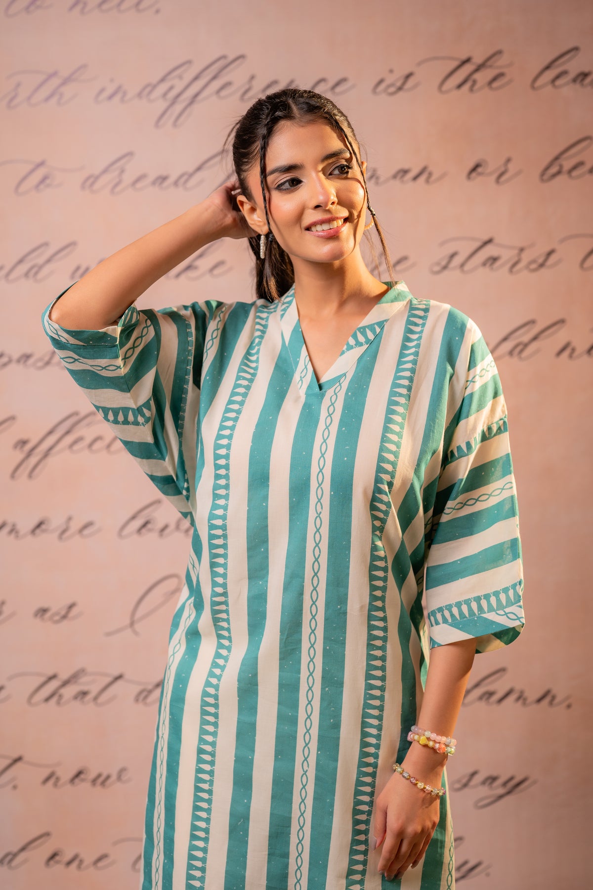 Teal Green Striped Cotton Kurta Pant Set