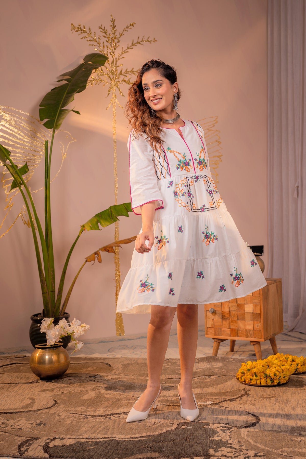 White Floral Embroidered Cotton Tiered Midi Dress