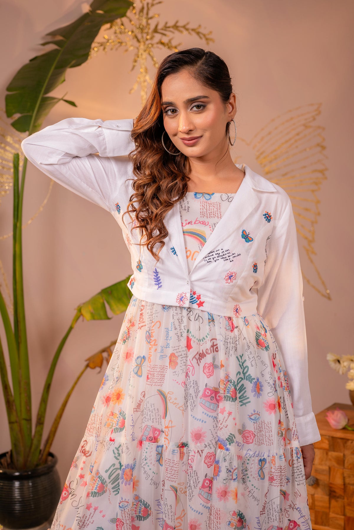 White Boho Print Chiffon Maxi Dress with Jacket