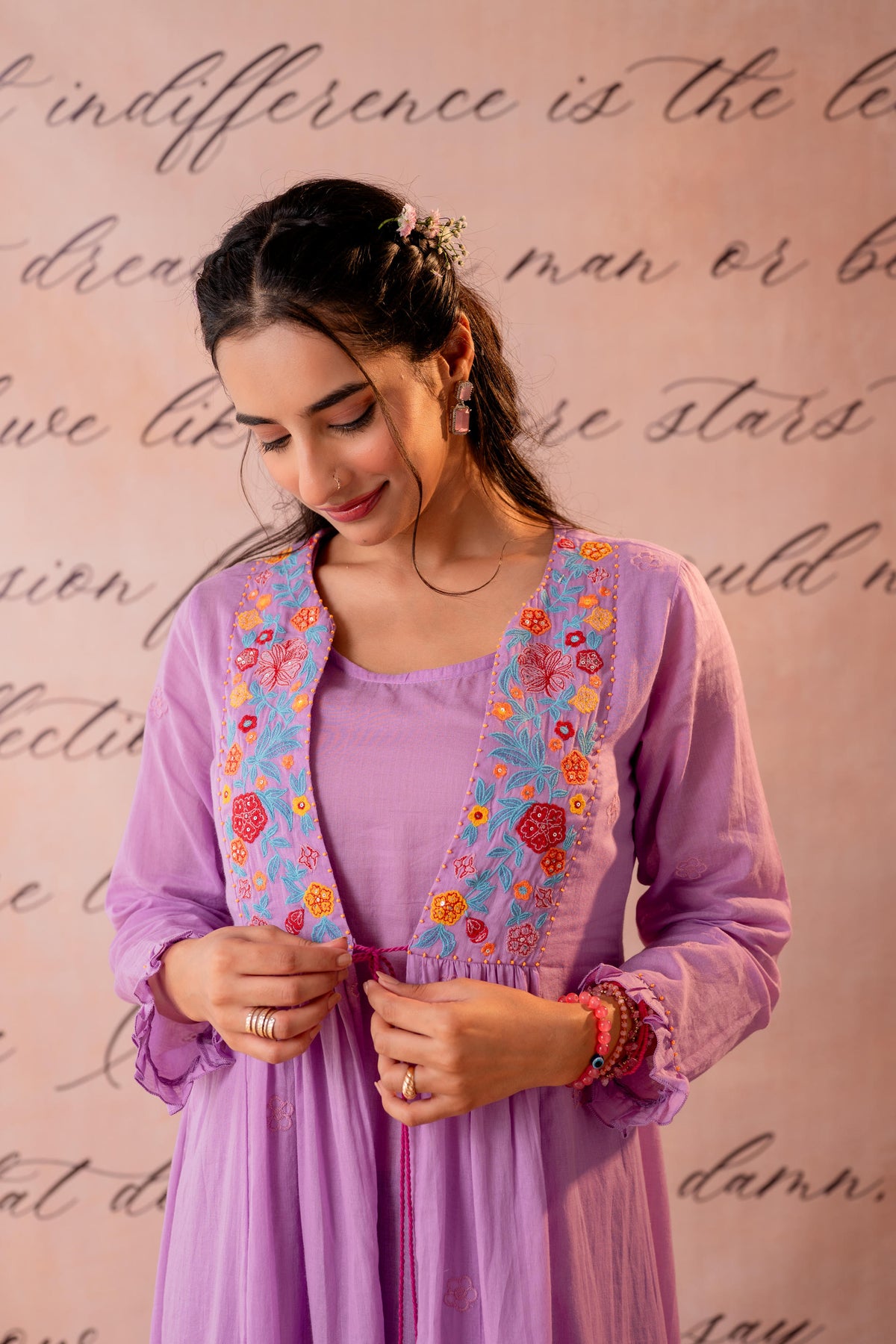 Lavender Cotton Voile Embroidered Midi Dress with Jacket