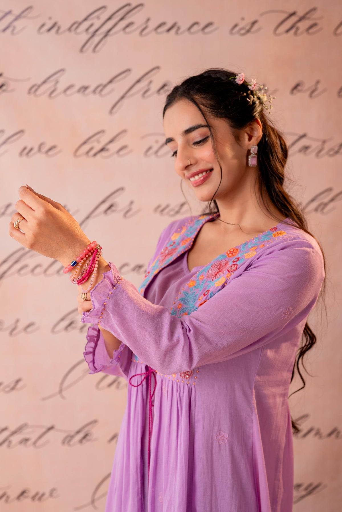 Lavender Cotton Voile Embroidered Midi Dress with Jacket