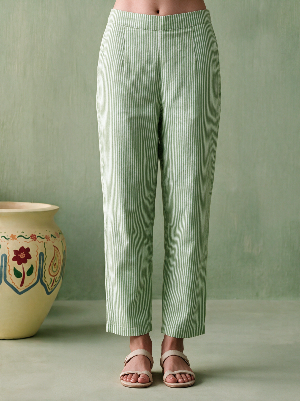 Green Striped Embroidered Poly Cotton Co-ord Set