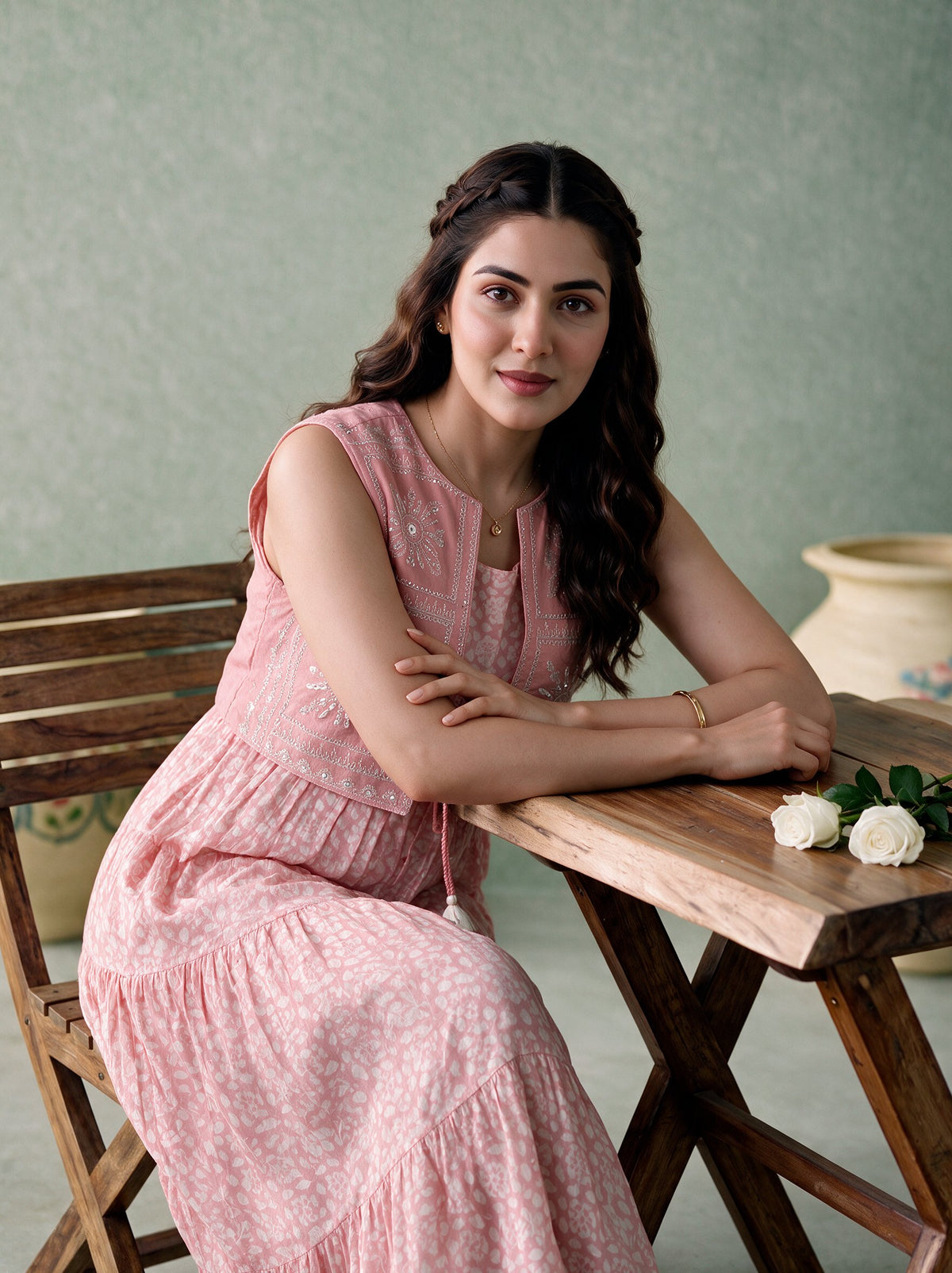 Pink Cotton Voile Tiered Maxi Dress with Embroidered Jacket