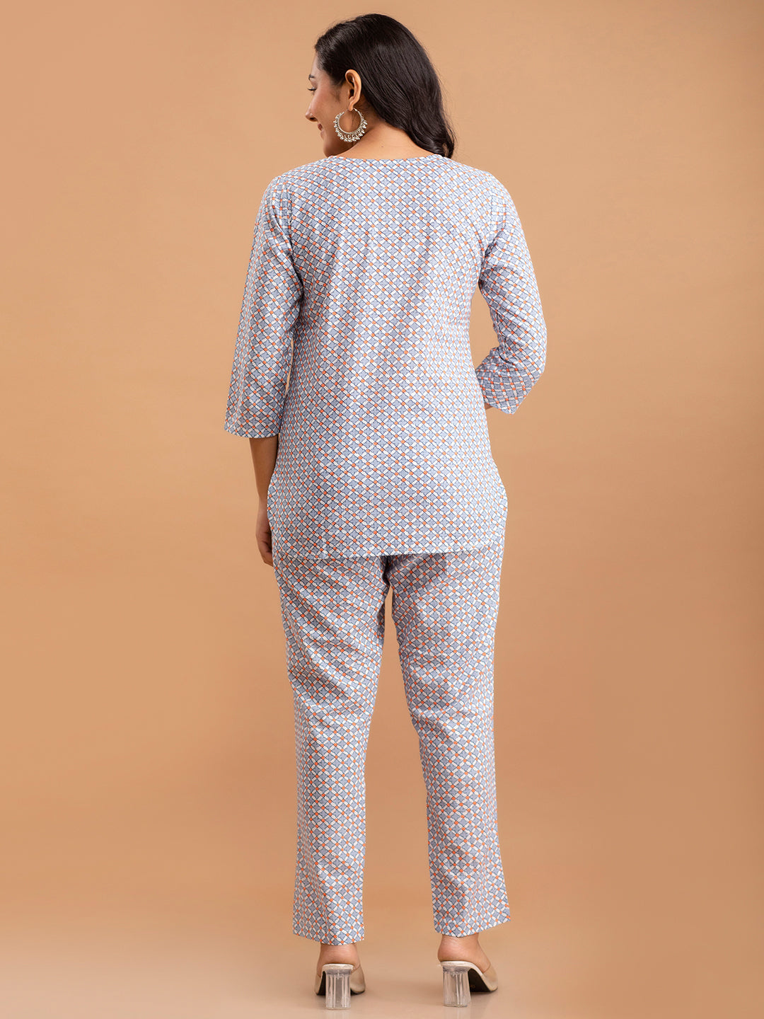 White Printed Cotton Night Suit with V-Neck Kurti &amp; Ankle-Length Pants