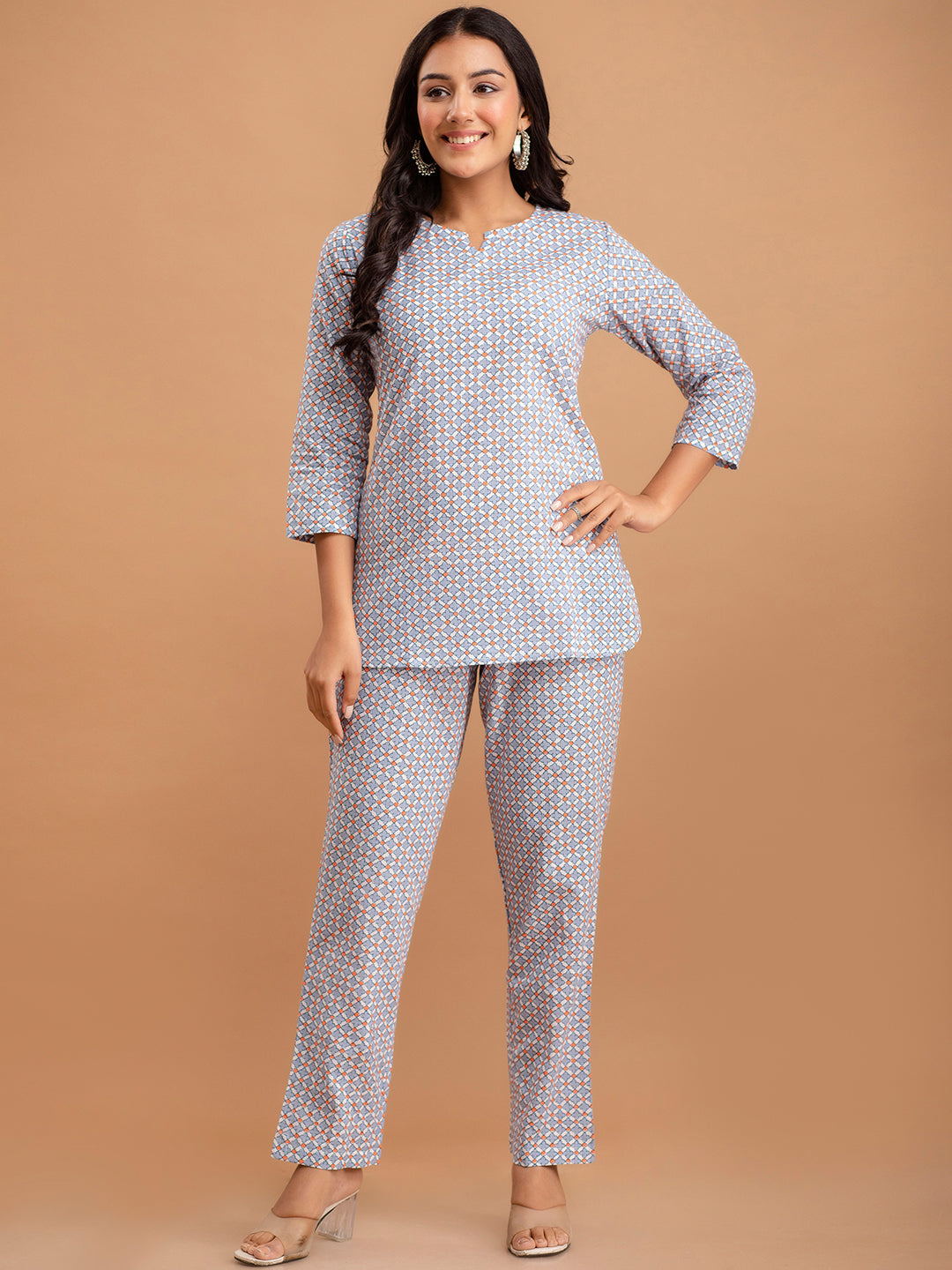 White Printed Cotton Night Suit with V-Neck Kurti &amp; Ankle-Length Pants