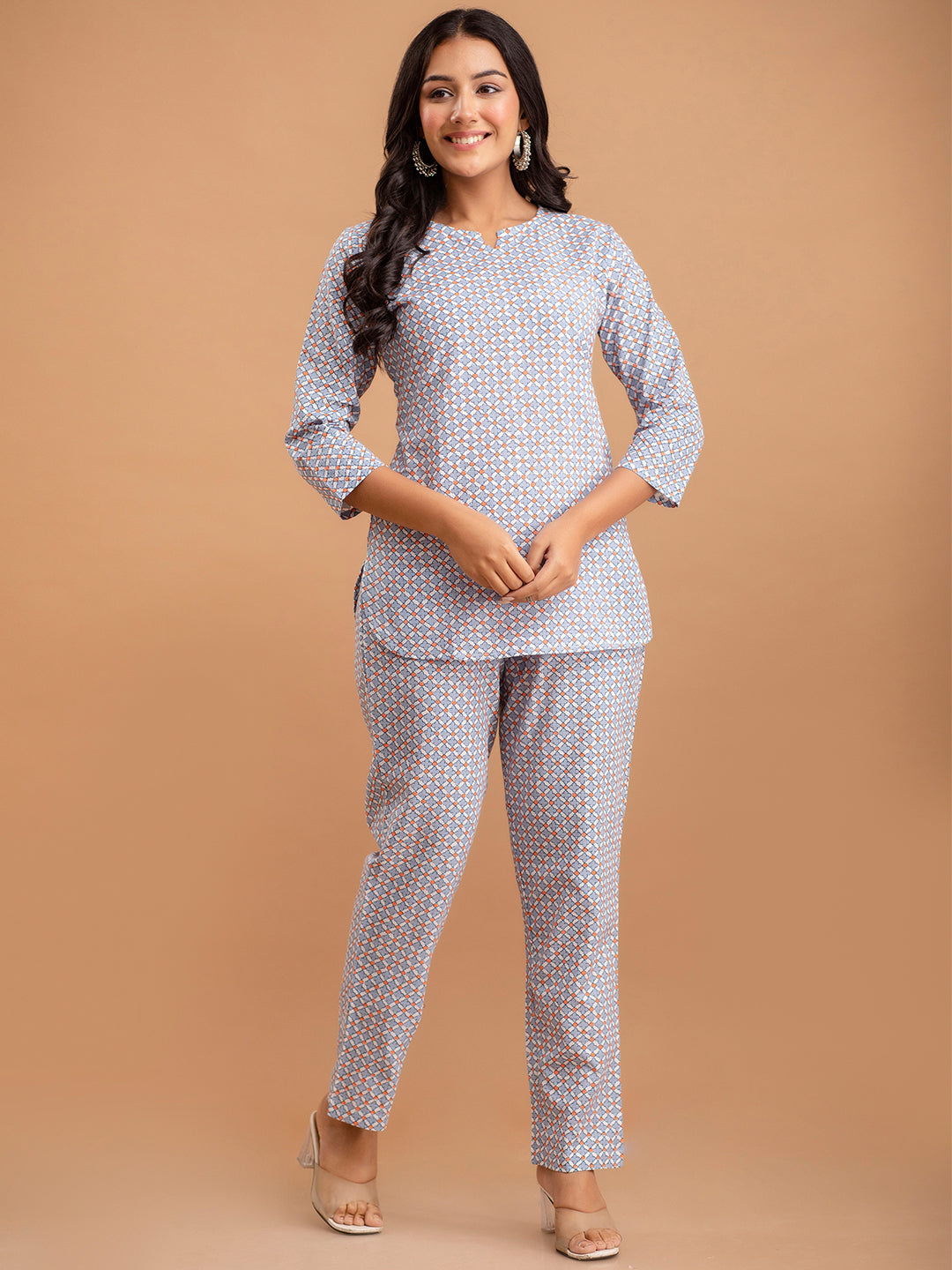 White Printed Cotton Night Suit with V-Neck Kurti &amp; Ankle-Length Pants