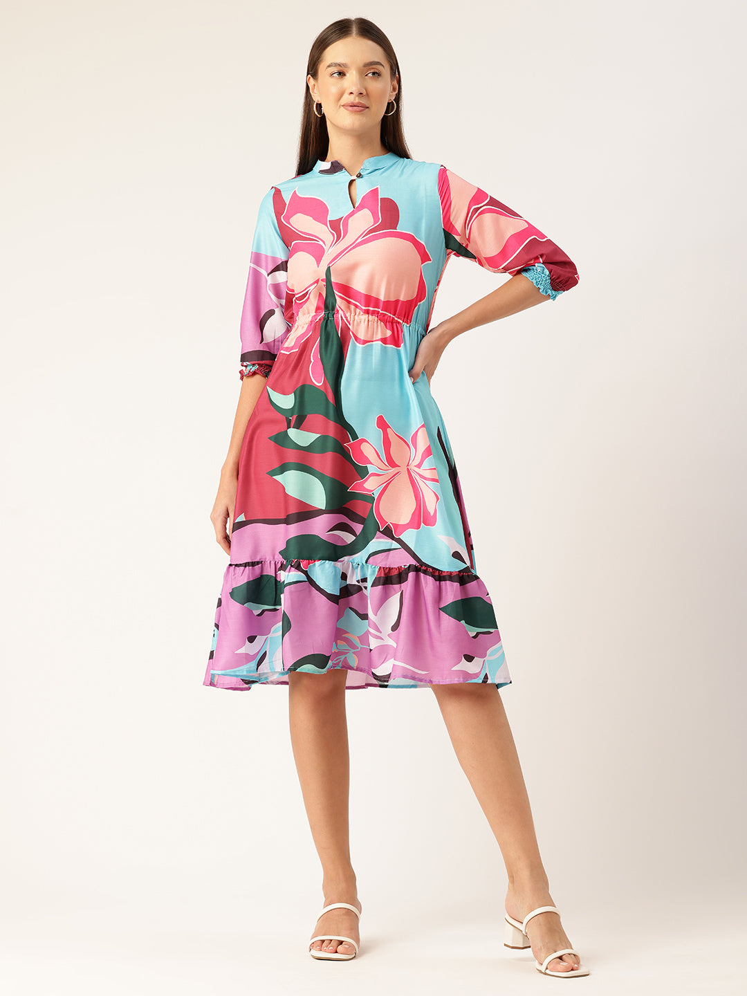 Womens Multi-Color Muslin Floral Dress with Mandarin Collar &amp; 3/4 Smocked Sleeves
