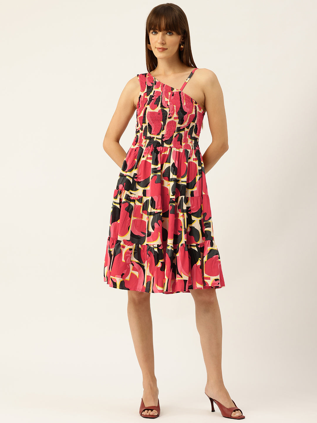 Womens Rayon One-Shoulder Dress with Smocked Bodice &amp; Flared Skirt “ Bright Summer Colors