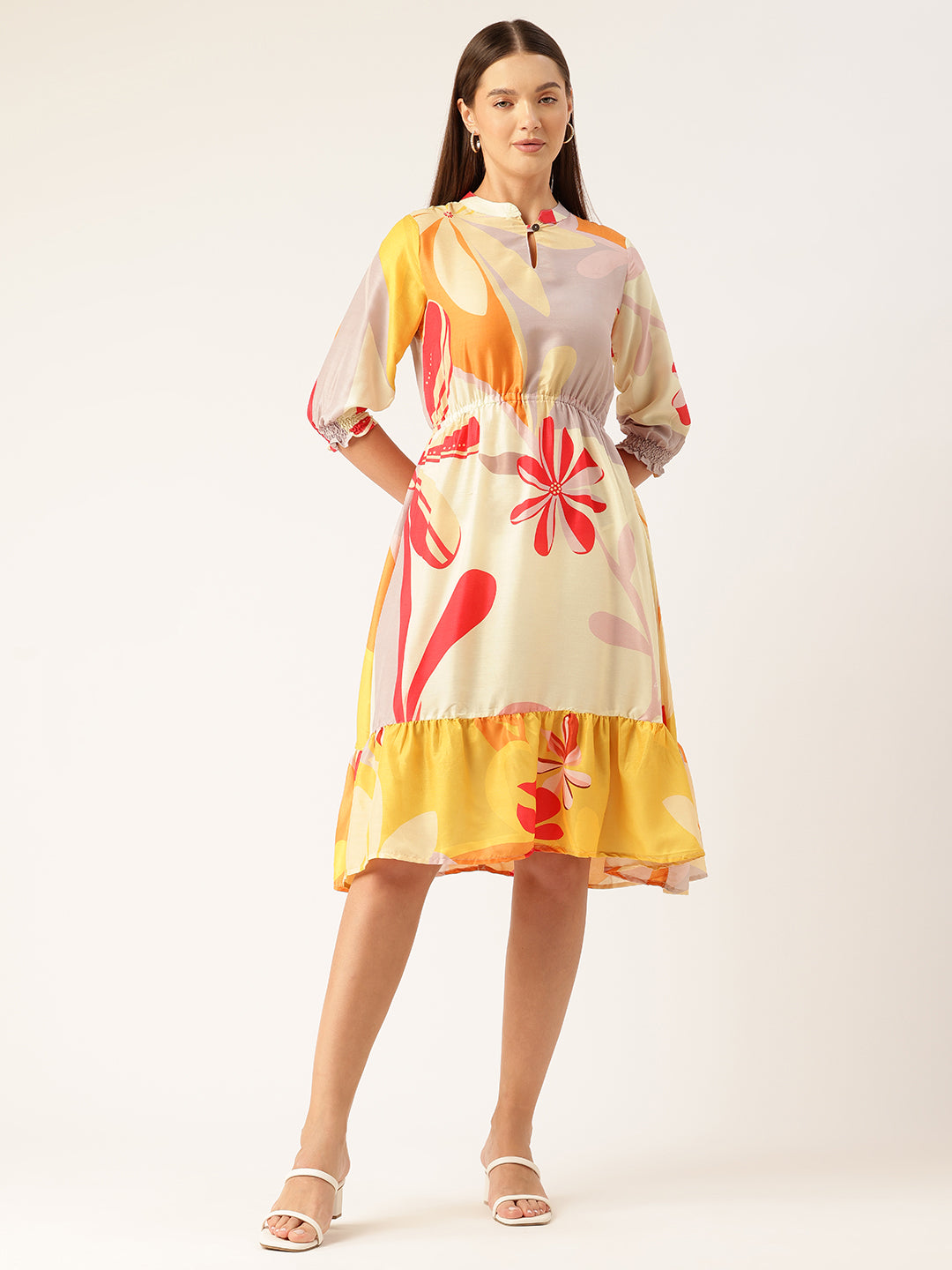 Womens Multi-Color Muslin Floral Dress with Mandarin Collar &amp; 3/4 Smocked Sleeves