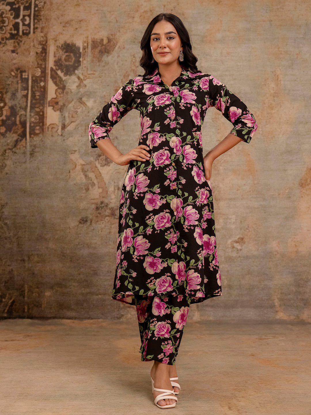 Black Womens Co-Ord Set“Printed Collared Kurta with 3/4 Sleeves &amp; Elastic Waist Pants