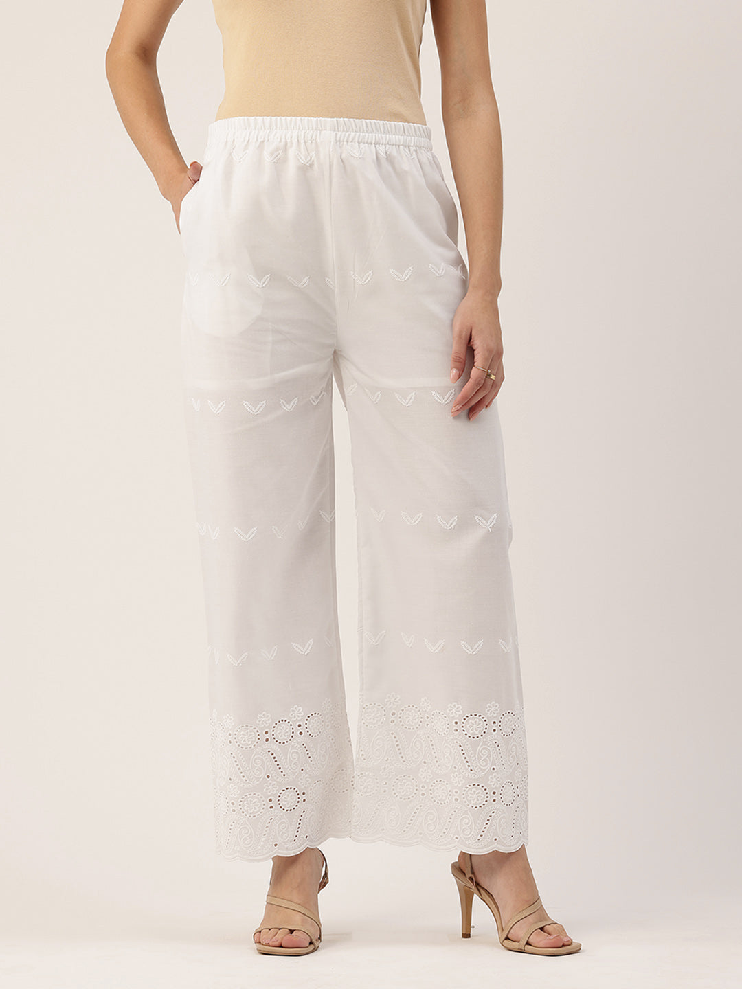 White Embroidered Palazzos“Fully Lined, Elastic Waist &amp; Ankle-Length with Side Pocket