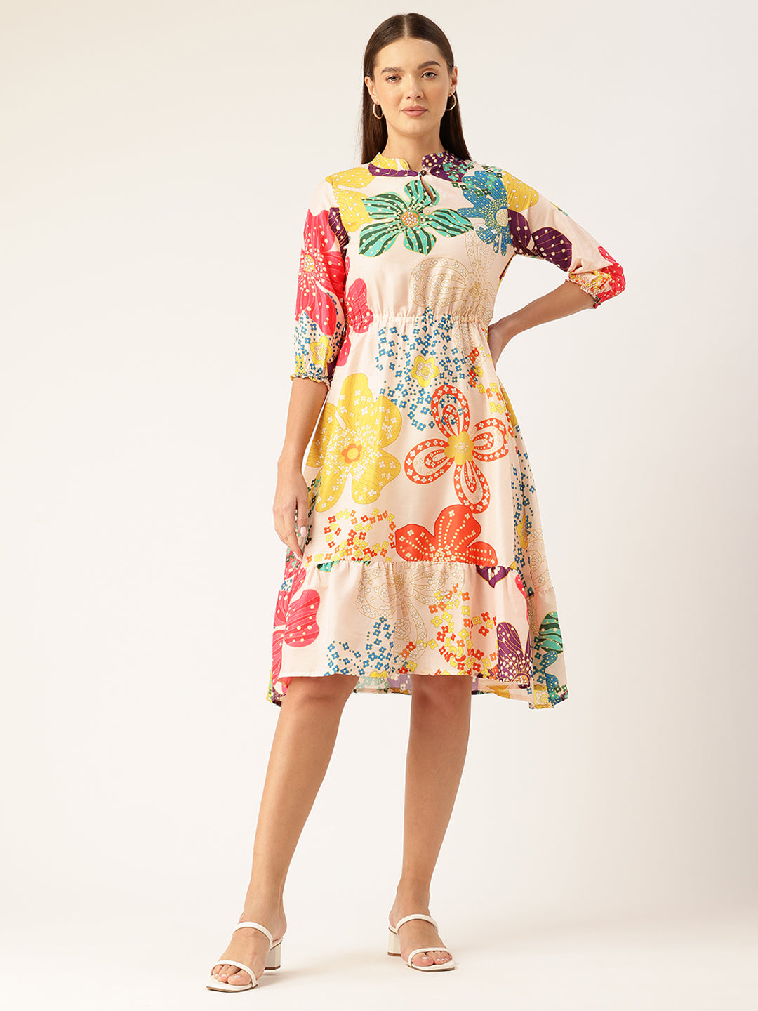 Womens Multi-Color Muslin Floral Dress with Mandarin Collar &amp; 3/4 Smocked Sleeves