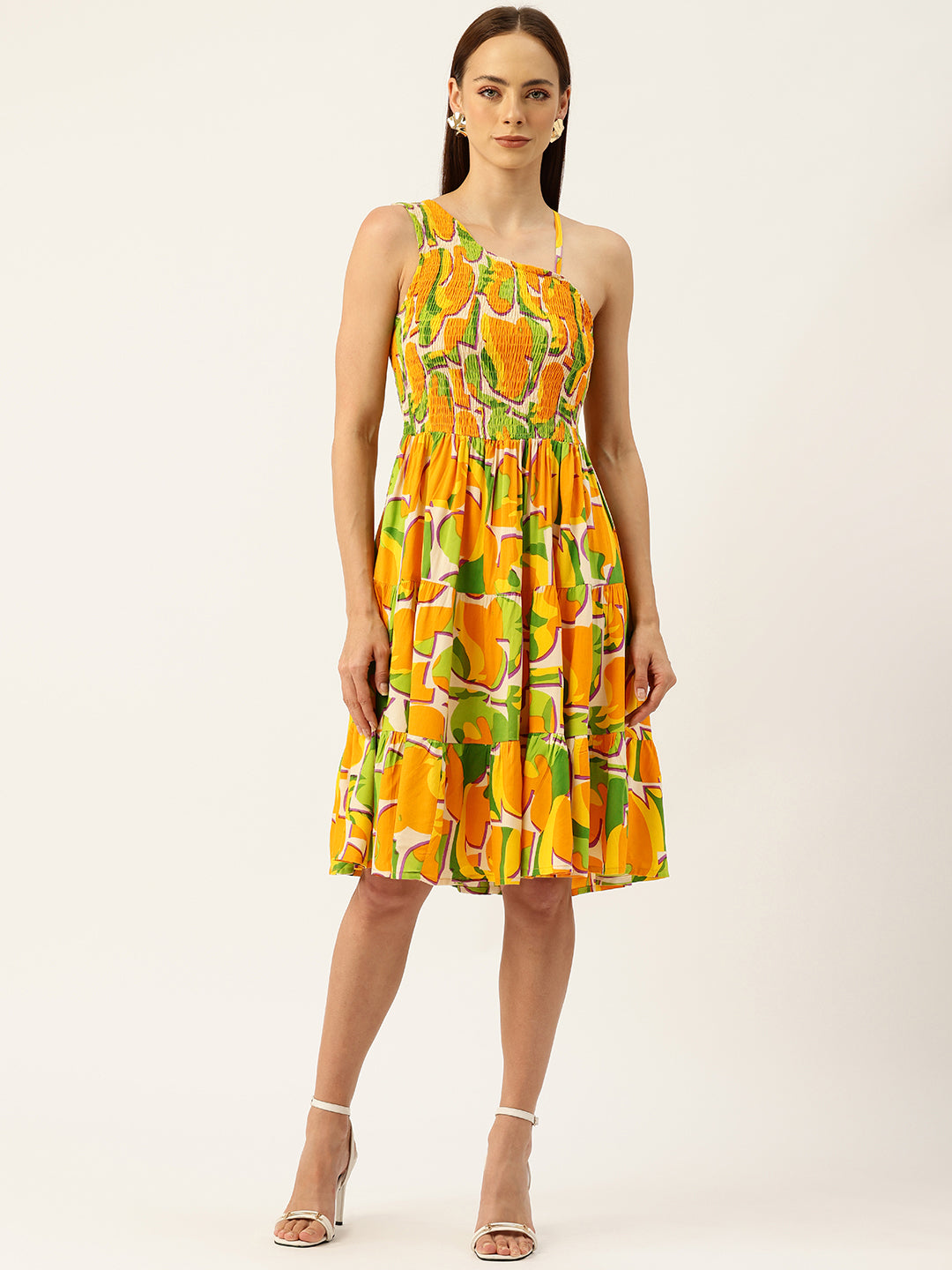 Womens Rayon One-Shoulder Dress with Smocked Bodice &amp; Flared Skirt “ Bright Summer Colors