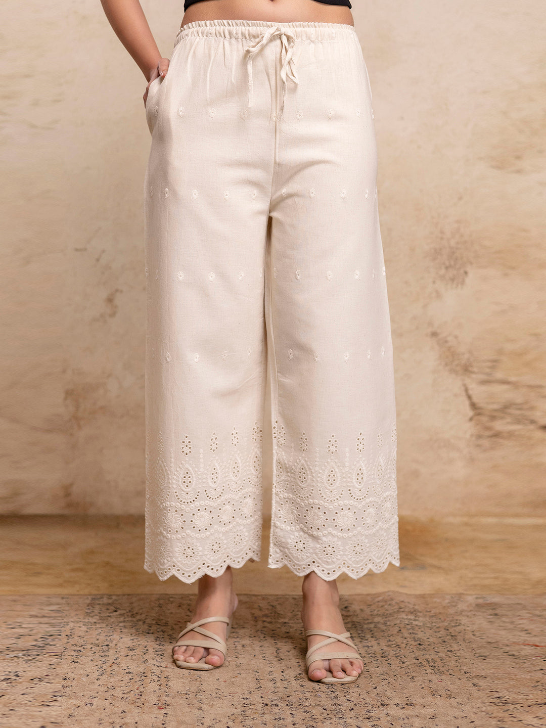 Womens Cotton Embroidered Wide-Leg Palazzos | Soft, Breathable &amp; Elegant