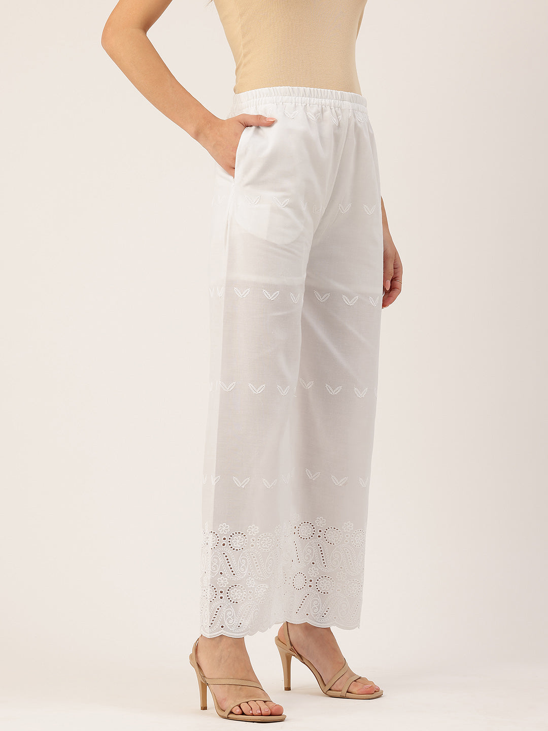 White Embroidered Palazzos“Fully Lined, Elastic Waist &amp; Ankle-Length with Side Pocket