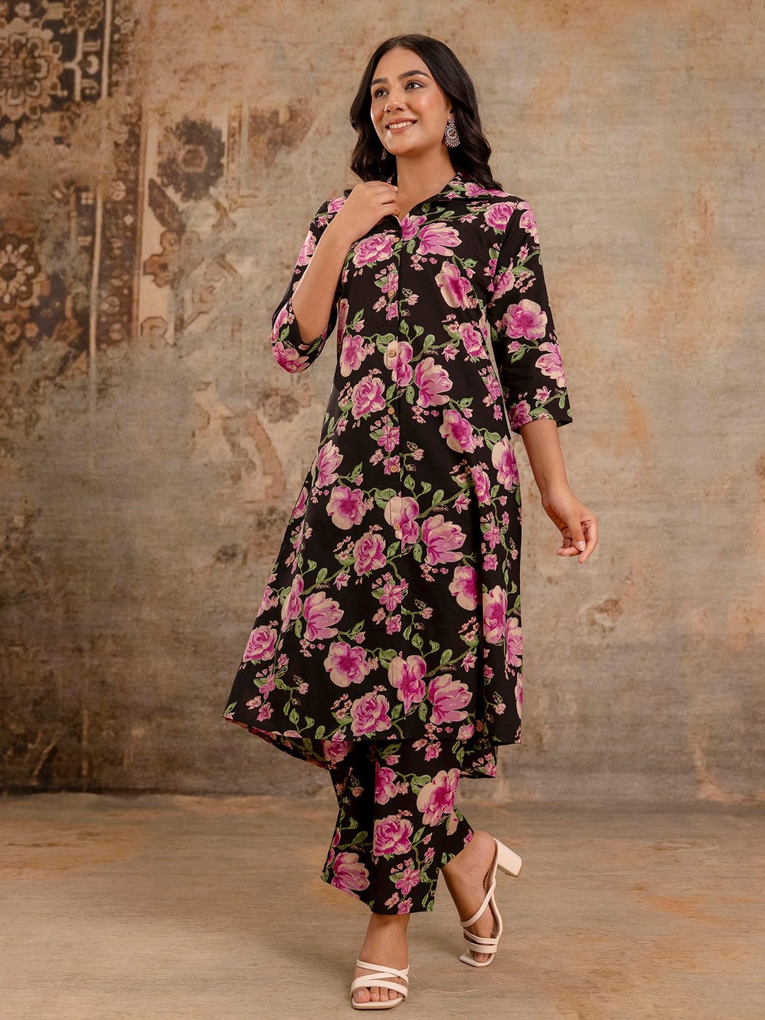 Black Womens Co-Ord Set“Printed Collared Kurta with 3/4 Sleeves &amp; Elastic Waist Pants