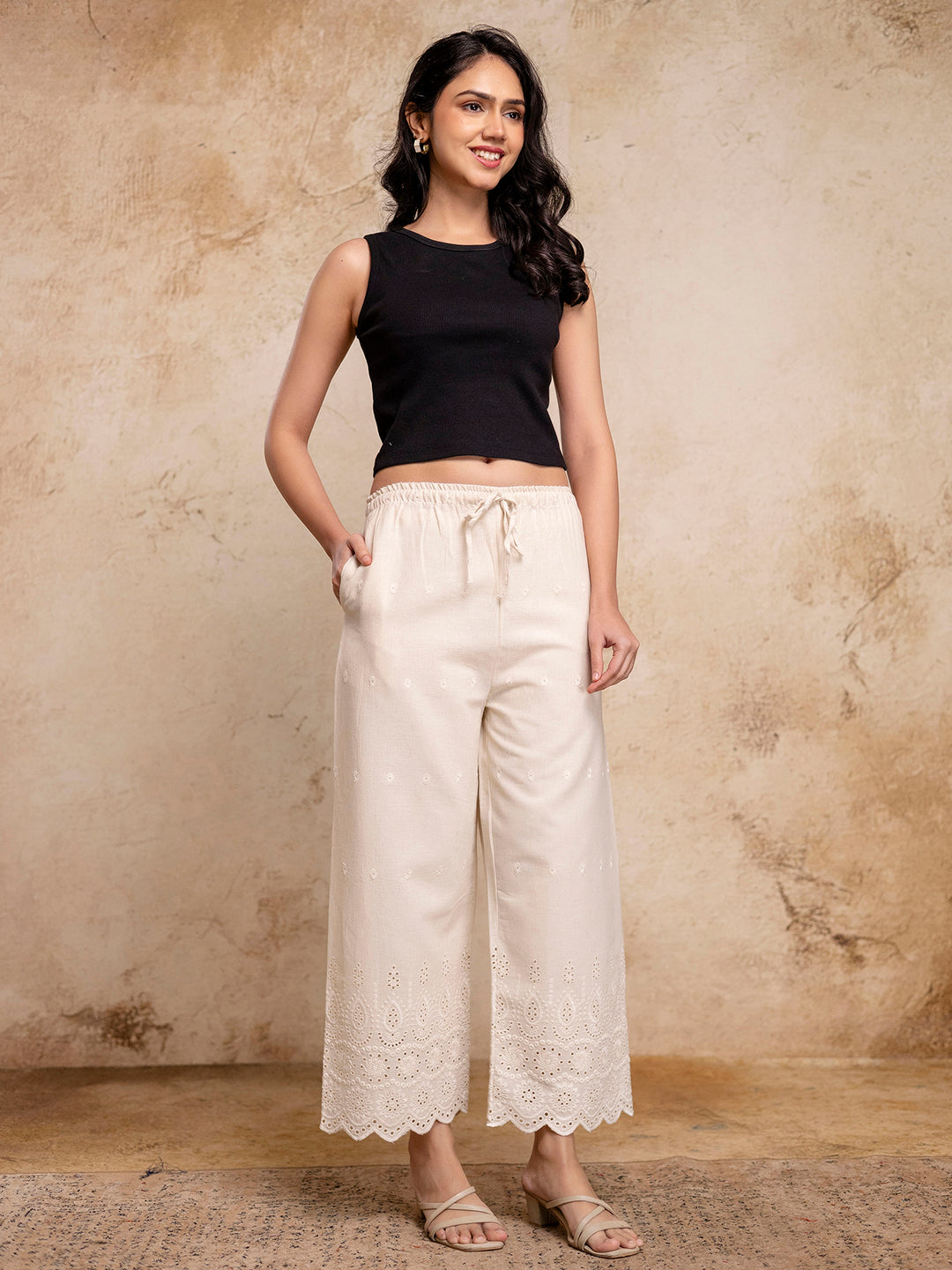 Womens Cotton Embroidered Wide-Leg Palazzos | Soft, Breathable &amp; Elegant