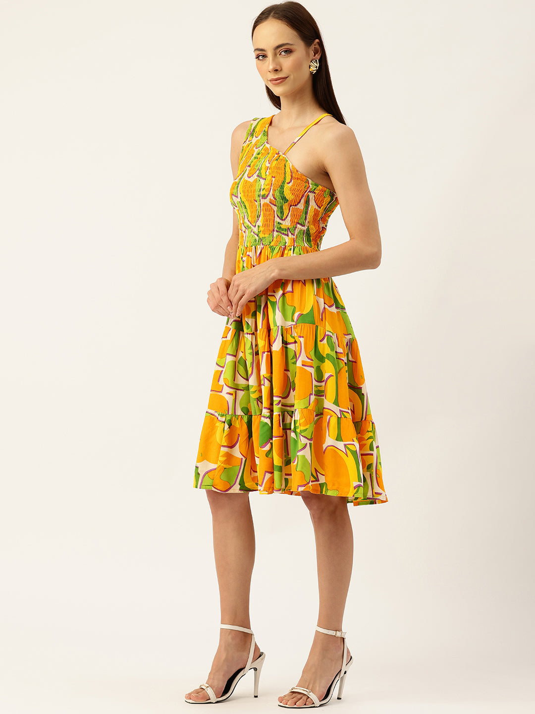 Womens Rayon One-Shoulder Dress with Smocked Bodice &amp; Flared Skirt “ Bright Summer Colors