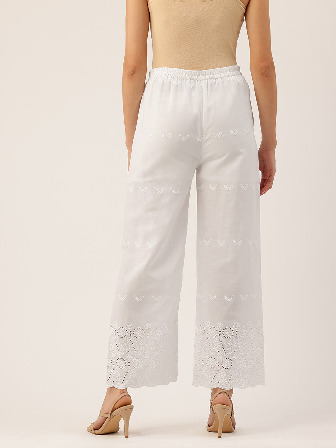 White Embroidered Palazzos“Fully Lined, Elastic Waist &amp; Ankle-Length with Side Pocket