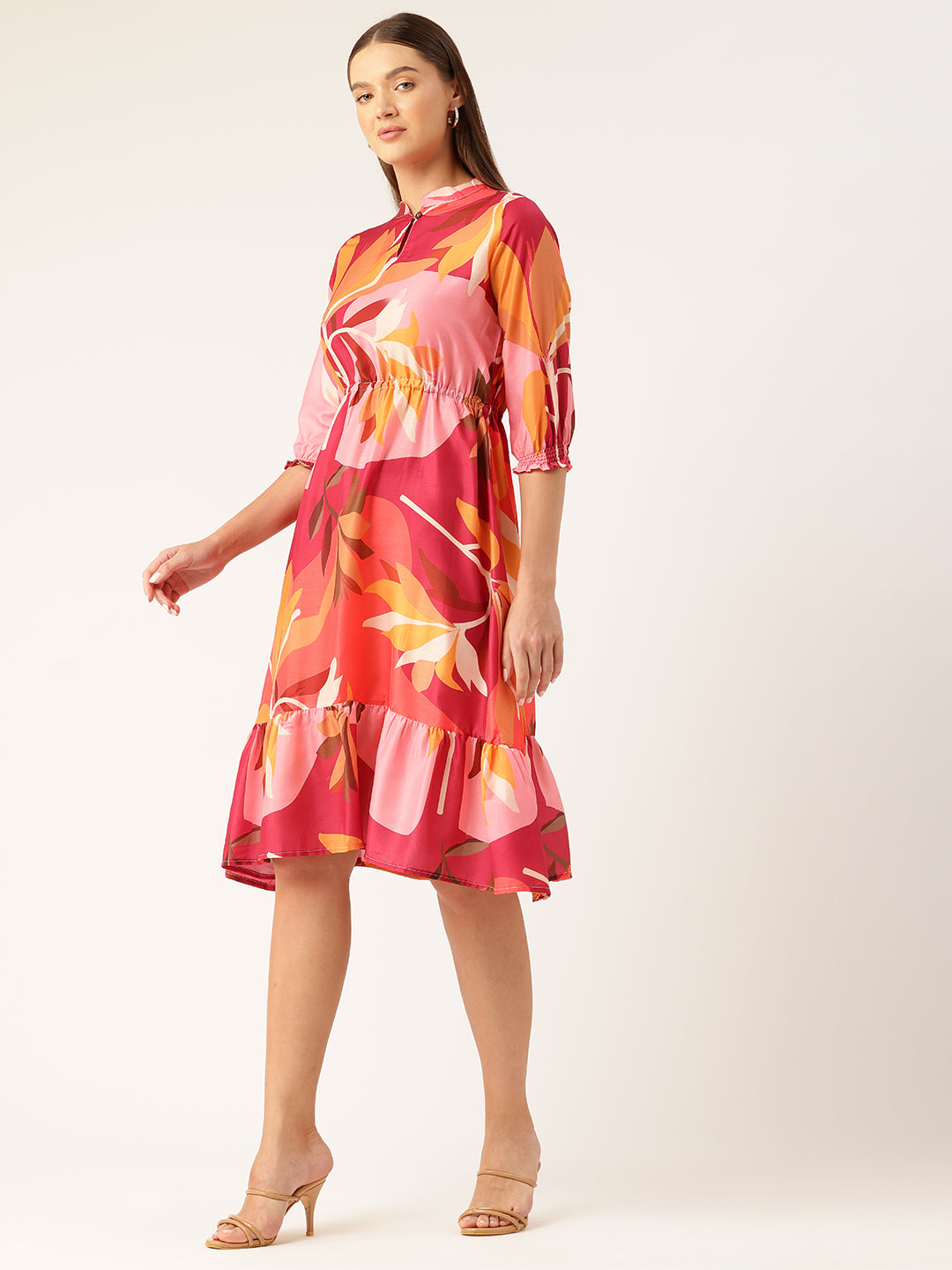 Womens Multi-Color Muslin Floral Dress with Mandarin Collar &amp; 3/4 Smocked Sleeves