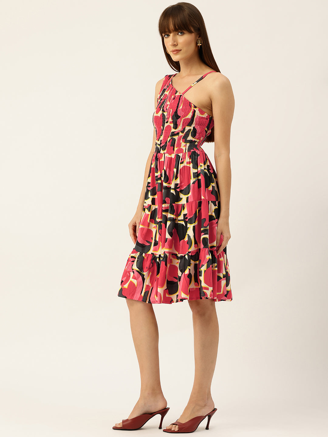 Womens Rayon One-Shoulder Dress with Smocked Bodice &amp; Flared Skirt “ Bright Summer Colors