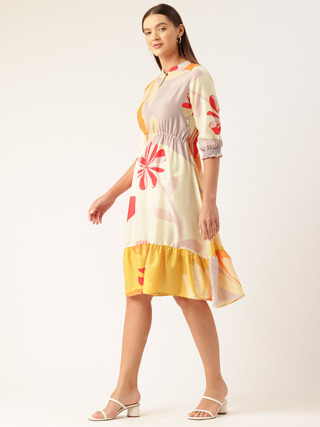 Womens Multi-Color Muslin Floral Dress with Mandarin Collar &amp; 3/4 Smocked Sleeves