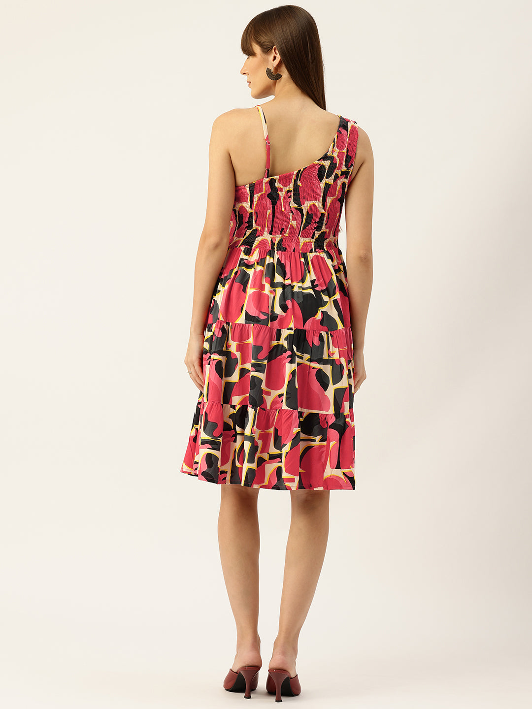 Womens Rayon One-Shoulder Dress with Smocked Bodice &amp; Flared Skirt “ Bright Summer Colors