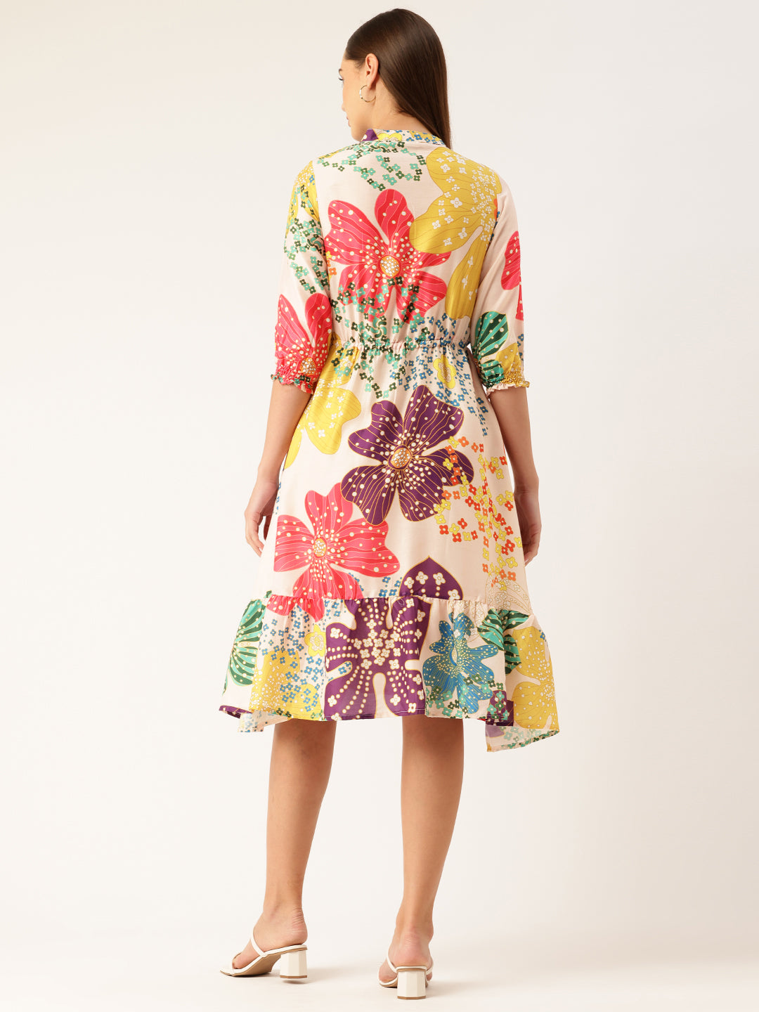 Womens Multi-Color Muslin Floral Dress with Mandarin Collar &amp; 3/4 Smocked Sleeves