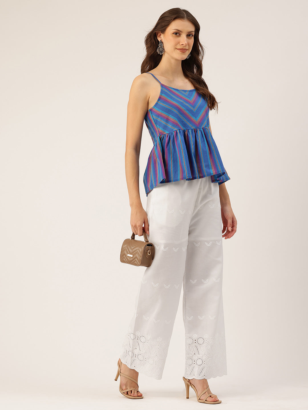 White Embroidered Palazzos“Fully Lined, Elastic Waist &amp; Ankle-Length with Side Pocket