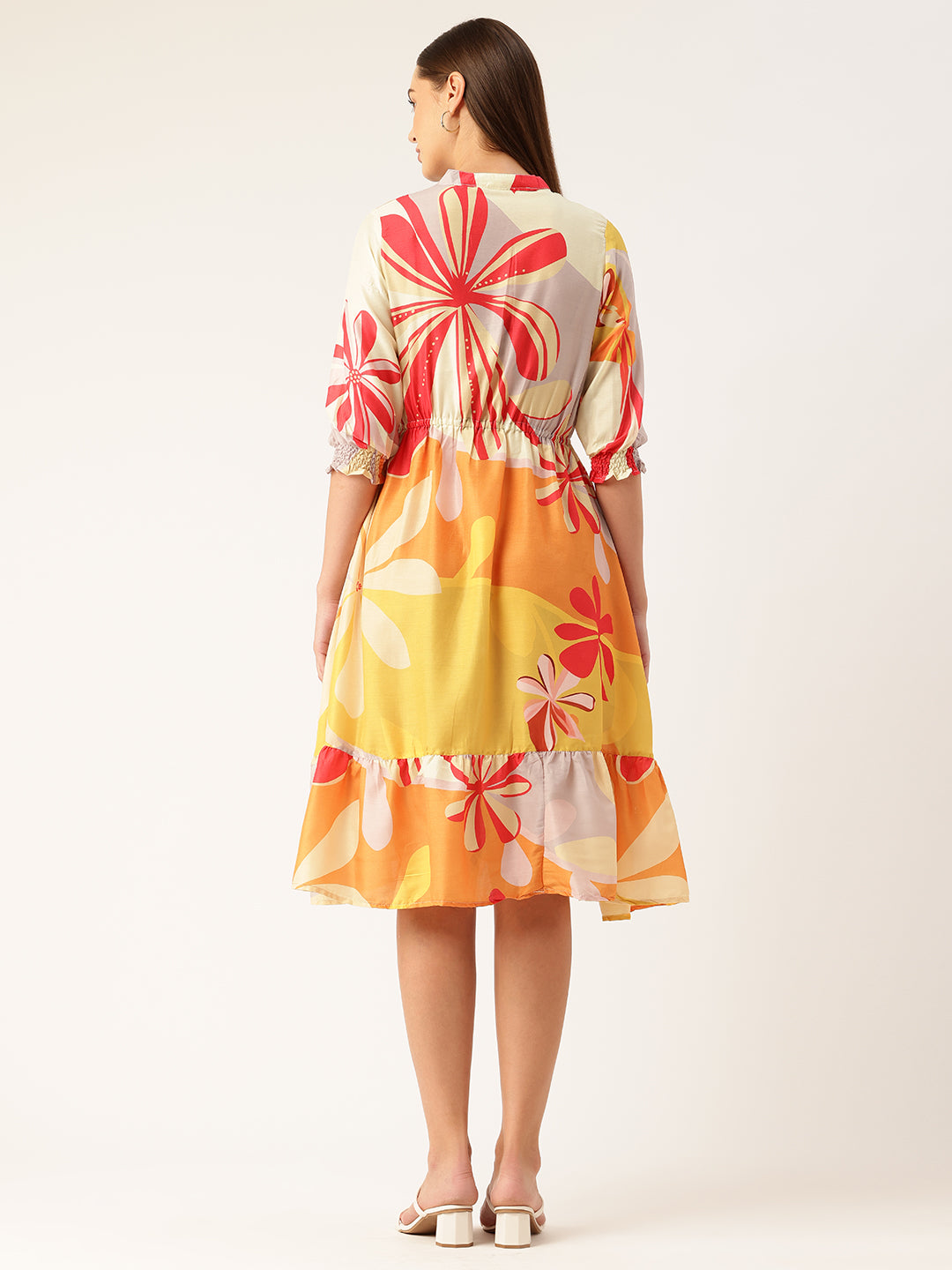 Womens Multi-Color Muslin Floral Dress with Mandarin Collar &amp; 3/4 Smocked Sleeves