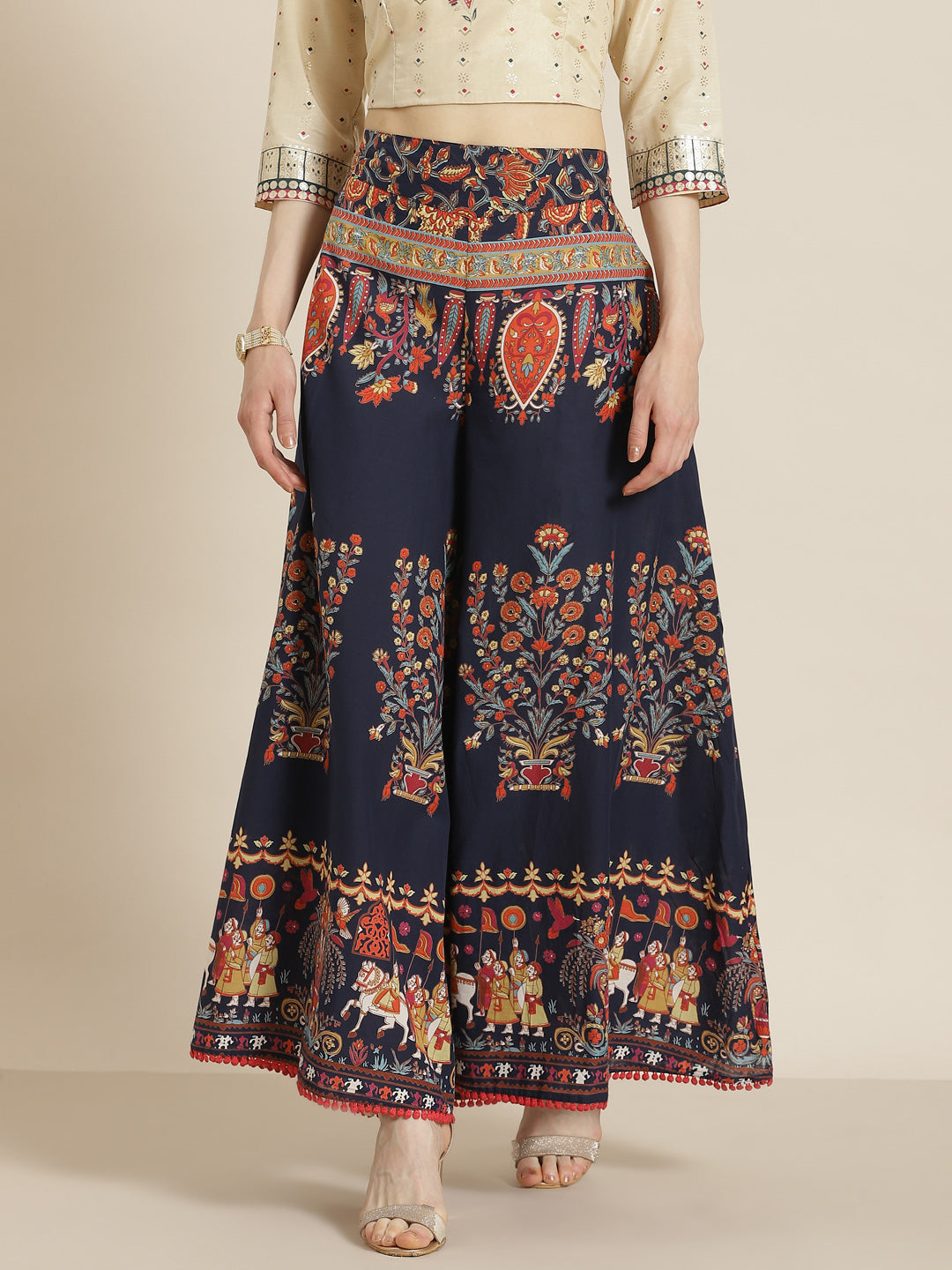 Navy Blue Mughal Print Flared Cotton Palazzo Pants