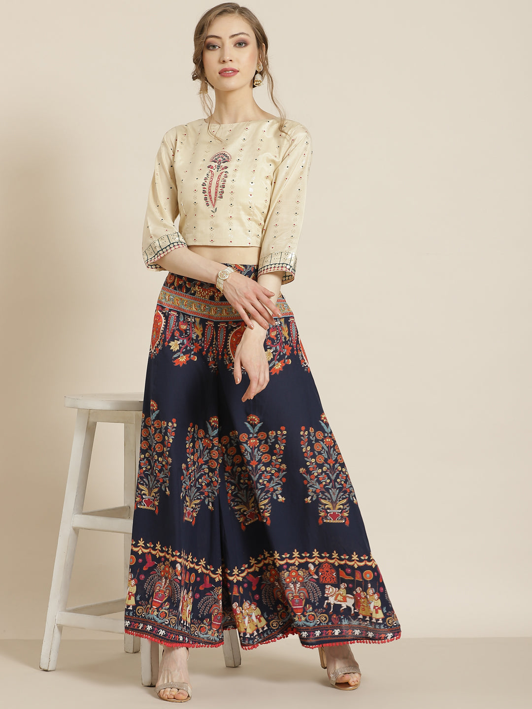 Navy Blue Mughal Print Flared Cotton Palazzo Pants
