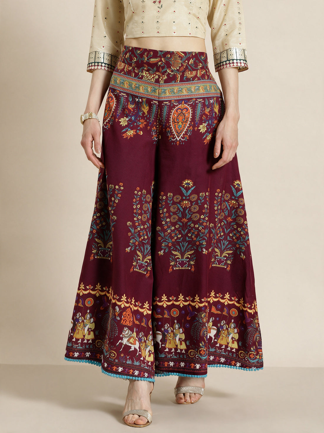 Maroon Cotton Mughal Print Flared Palazzo Pants